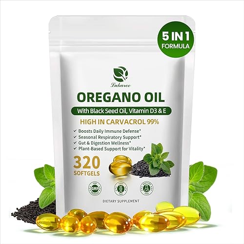 Aceite de orégano con aceite de semilla negra, cápsulas de aceite de orégano orgánico 99% Carvacrol 5 en 1, vitamina D3Epimienta negra para