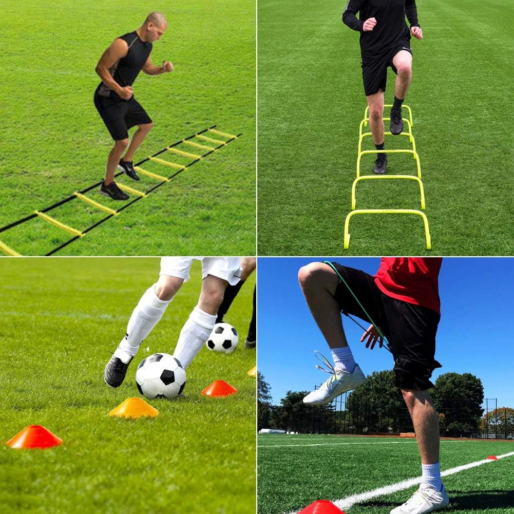 Speed Agility Training Equipment Set - Includes 4 Adjustable Hurdles, Agility Ladder, Leg Resistance Bands, Resistance Parachute, 20 Disc Cones, Jumping Rope & Carry Bag - Designed For All Sports : Sports & Outdoors