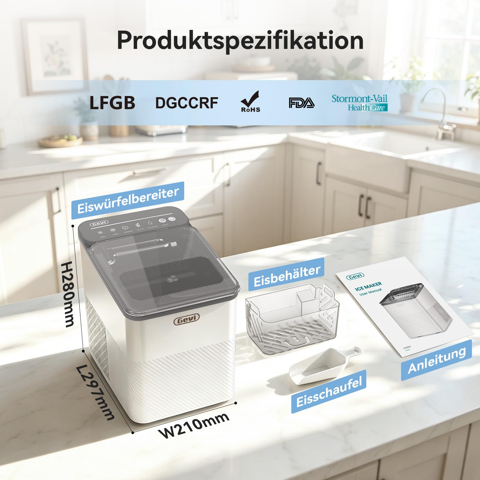 GEVI Klein Eiswürfelmaschine Crushed Ice - Eiswürfelmaschine Mini Selbstreinigend, 9 Eiswürfel in 6 Minuten, 12 kg/24H, Verdampfer Aus Essbarem Edelstahl SUS304 für Hausbar/Camping/Catering/Büro