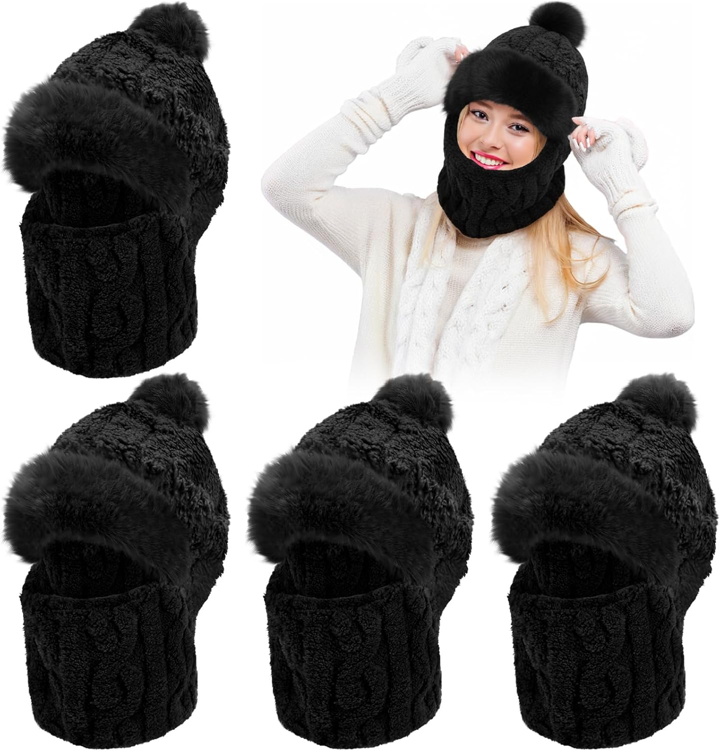 4 Pcs Women 3 in 1 Winter Knit Beanie Hat Scarf Circle Knit Mask Soft Lined Snow Caps Plush Earmuff Hat with Pompom
