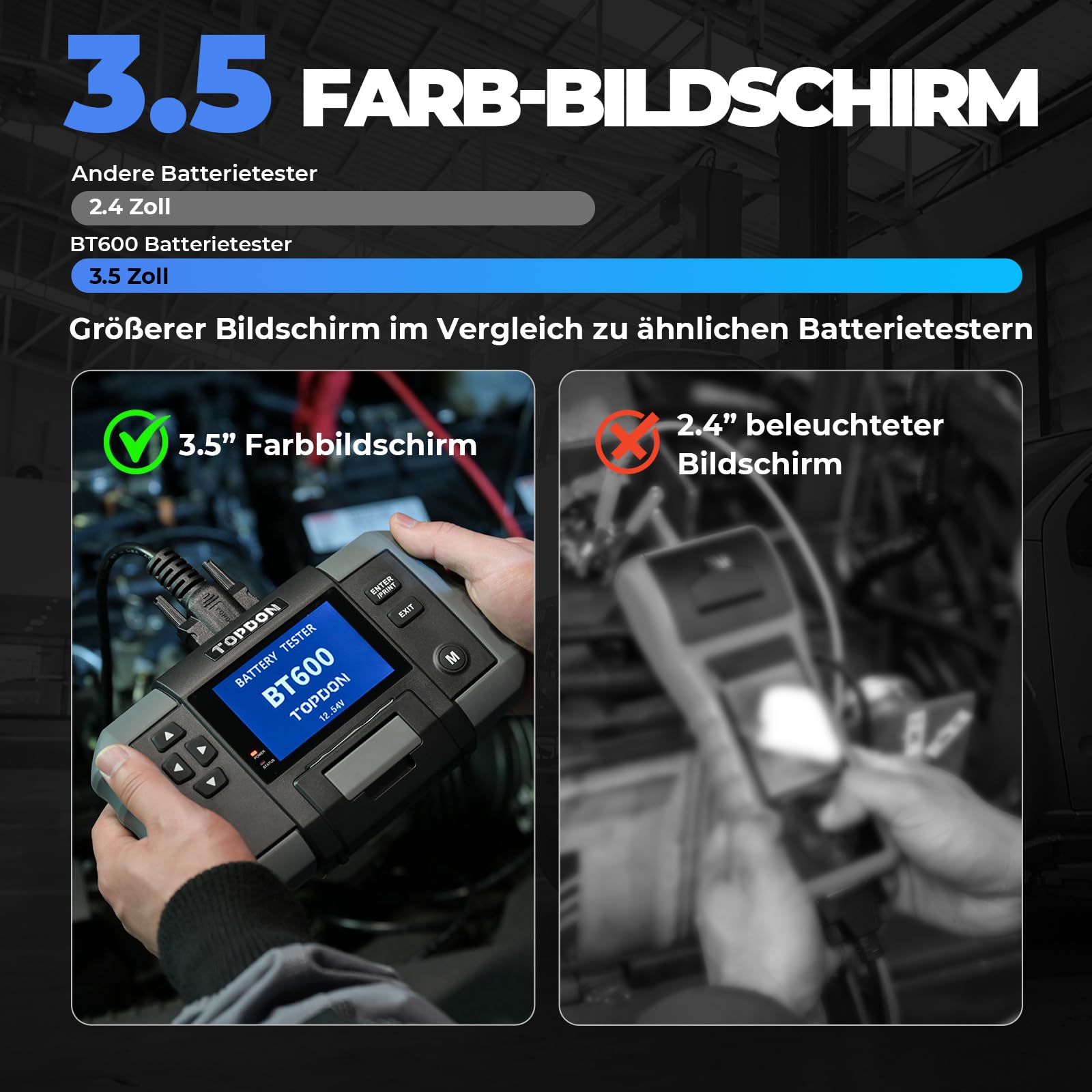 TOPDON BT600 Autobatterietester, Batterietester KFZ 12V 24V, 100-2000 CCA Starttester Autobatterie Tester, 3.5 Zoll Farbbildschirm, 1,8m Kabel, Berichte in Echtzeit Gedruckt, für Heimwerker und Profis