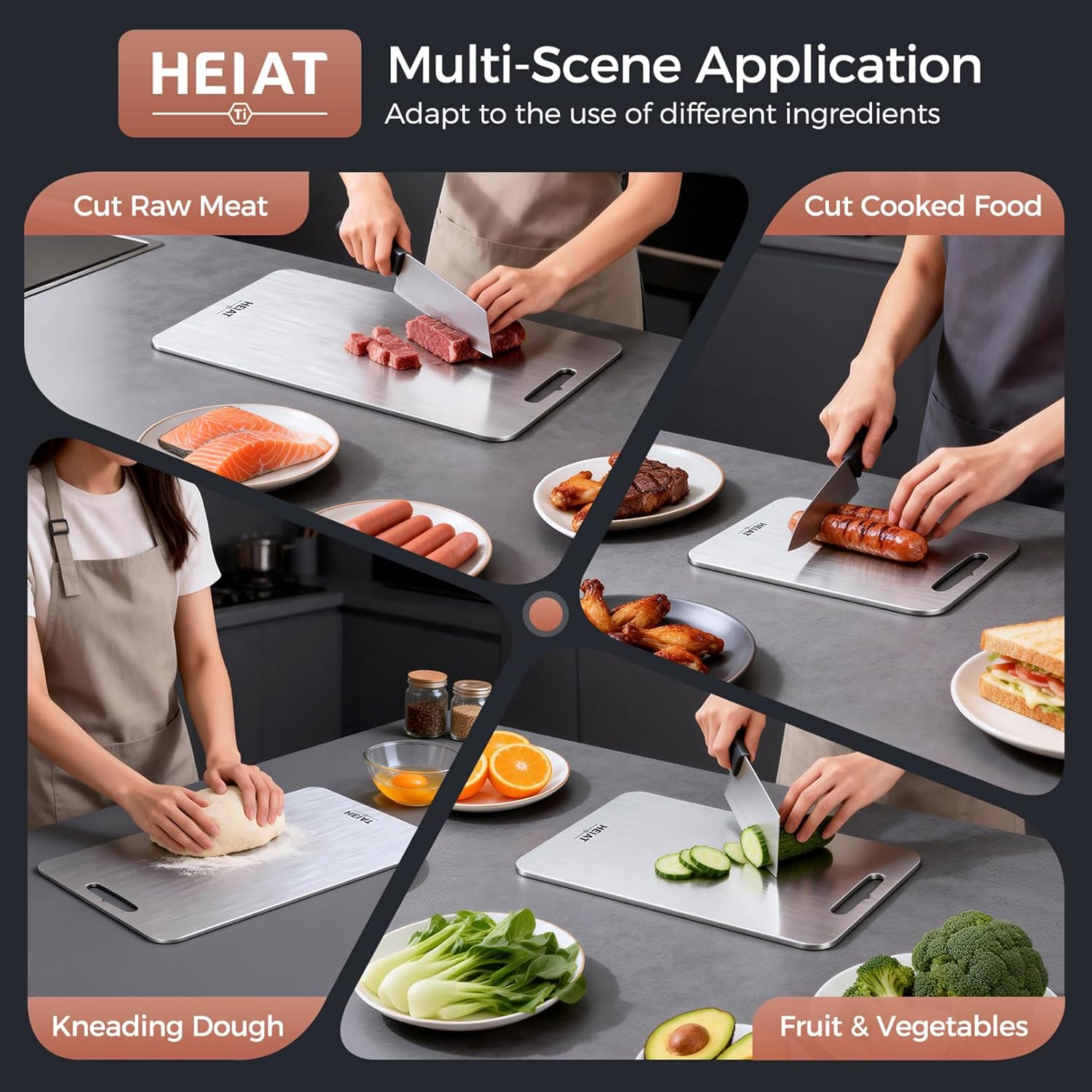 Titanium Cutting Board Set of 3, 100% Pure Titanium Cutting Boards for Kitchen, Non-Toxic, Double-Sided Chopping Boards for Raw & Cooked Food, Handles Included, Dishwasher Safe(M+L+XL)
