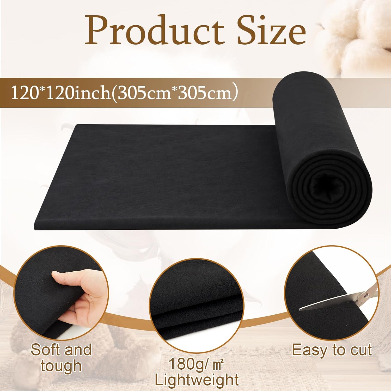 Peryiter 120" x 120" Black Quilt Batting, 80/20 Cotton Blend Natural Cotton Batting for Quilts, Crafts, and Sewing Projects