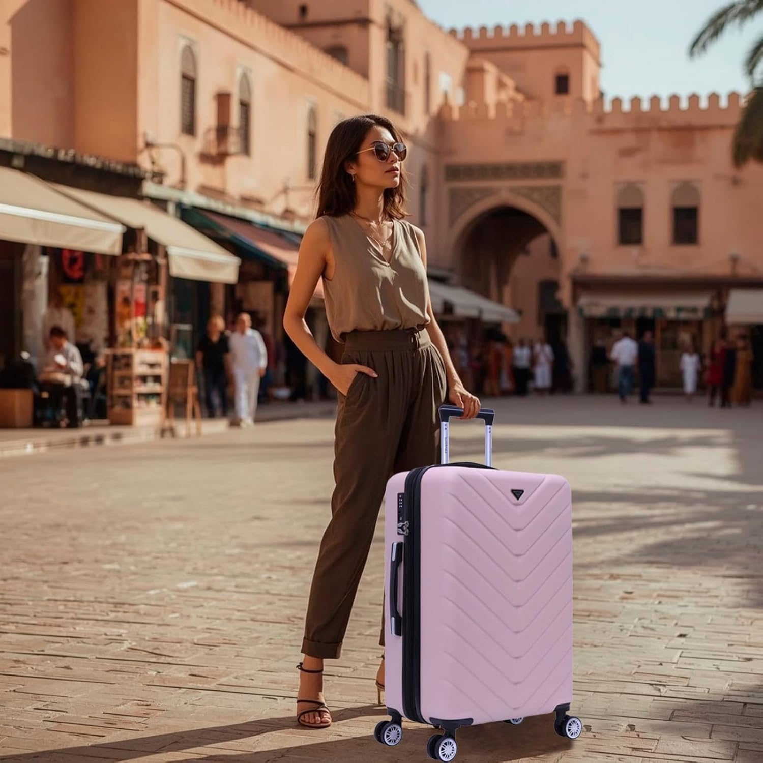 SANTINO Mala de Viagem Media 23kg Rígida ABS 4 Rodas 360º com TSA Leve Resistente Flexível Antifurto Pink Médio