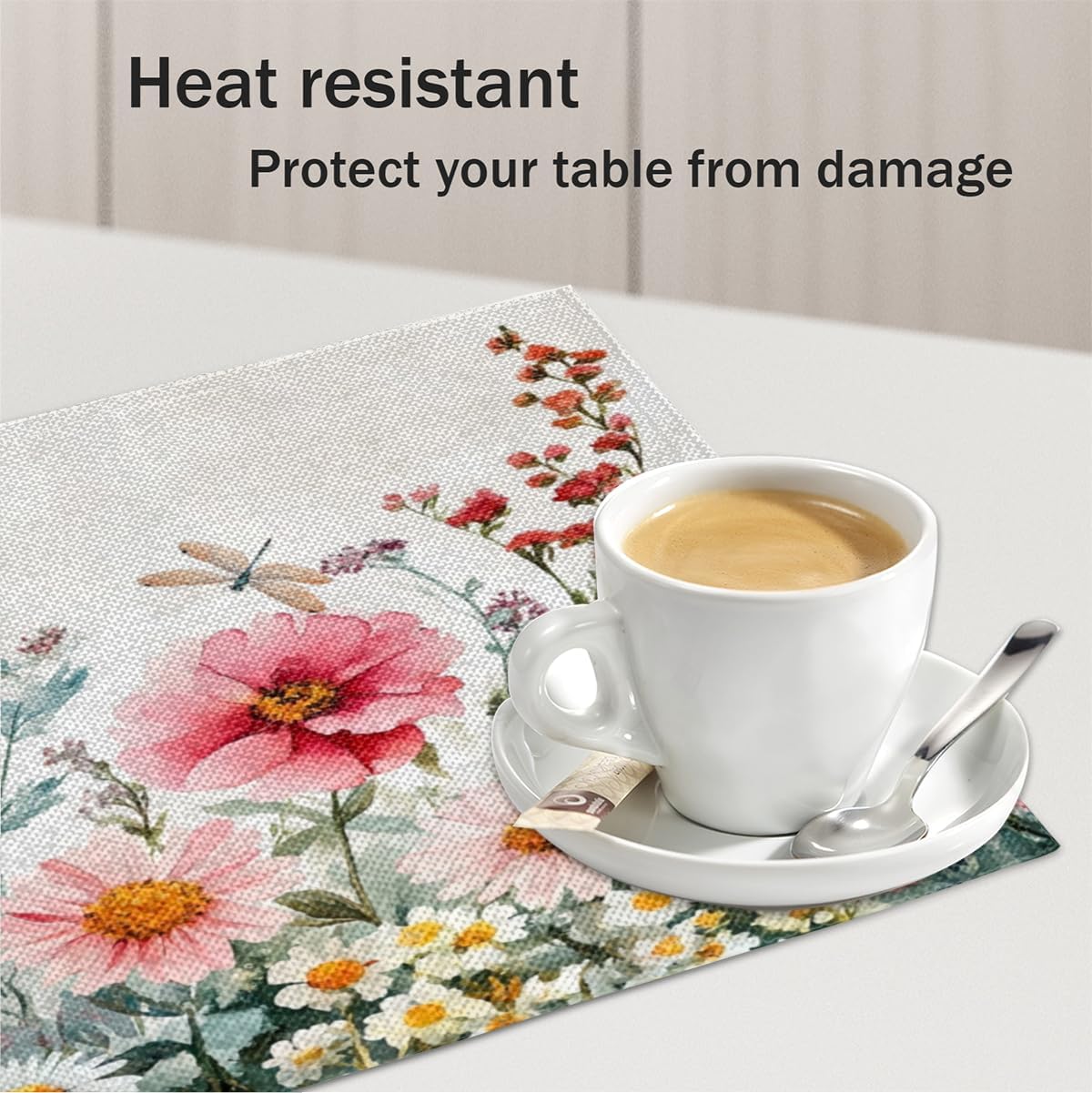 Linen Placemats Set of 6, Table Mats 12 x 18 Inch Heat Resistant Place Mats Non-Slip Wipeable Placemats for Dining Kitchen Dining Table Party Decor (Flowers Daisy Spring Summer)