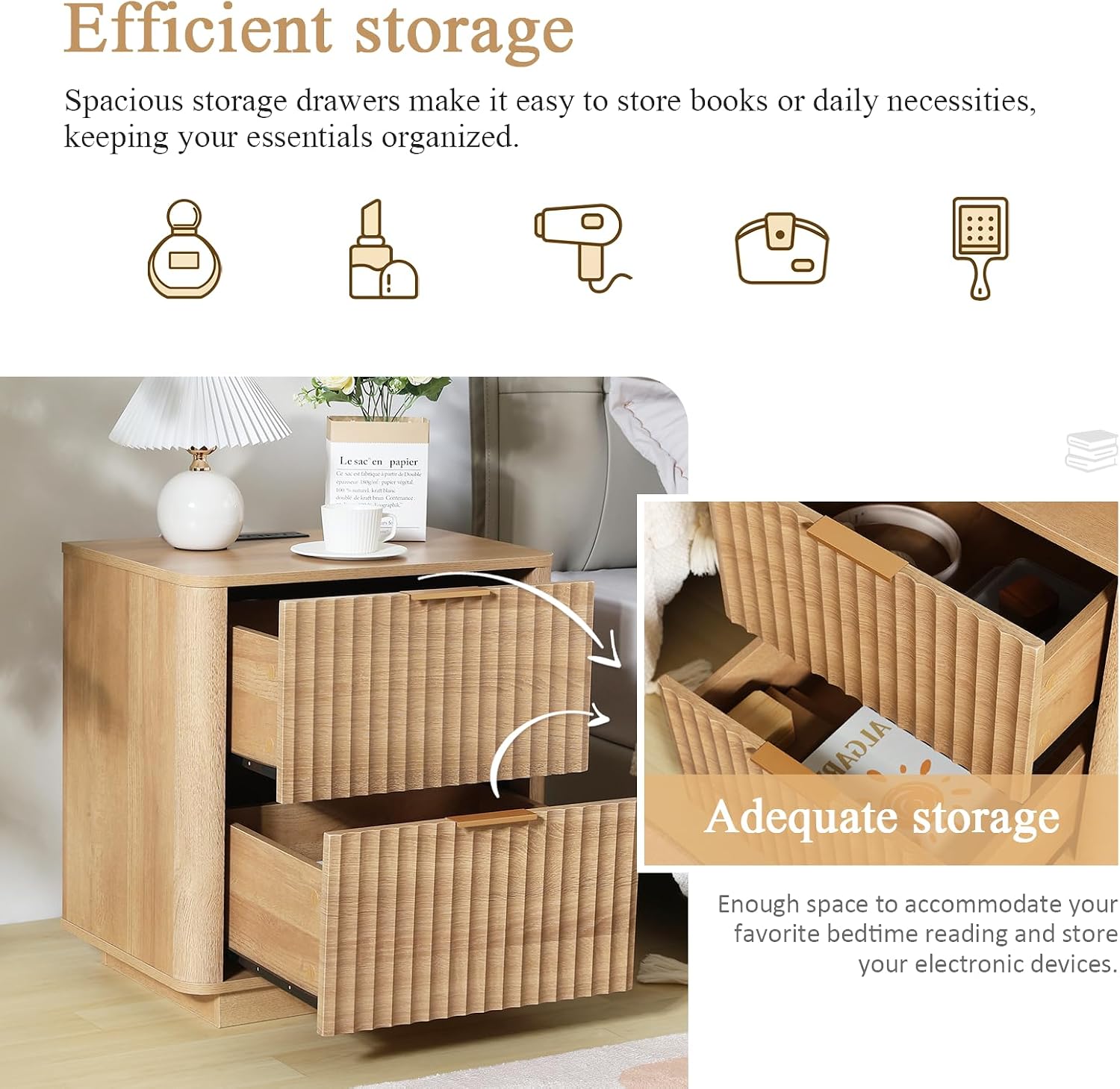 Fluted Nightstand Set of 2, Wood End Table with Charging Station, 23" Modern Night Stands with 2 Drawers, Oak Bedside Table for Bedroom