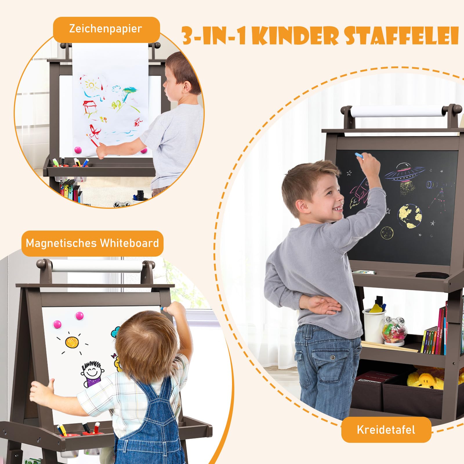 DREAMADE doppelseitige Kinder Staffelei aus Holz, Kinderstaffelei mit Ablage, Kindertafel mit Papierrolle Whiteboard und Kreidetafel, inkl. 2 Stoffboxen (Kaffee)