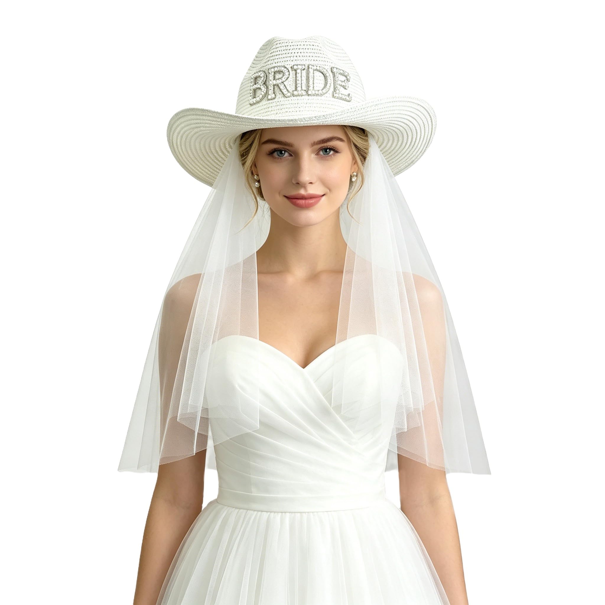 Wedding Bridal Veil Straw Sun Hat Sparkly Rhinestone Pearl BRIDE Outdoor Beach Western Wedding Bridal Shower Cowboy Cowgirl Hat Headwear with 2-Tier White Veil, Bride To Be Hen Party Cap Gift