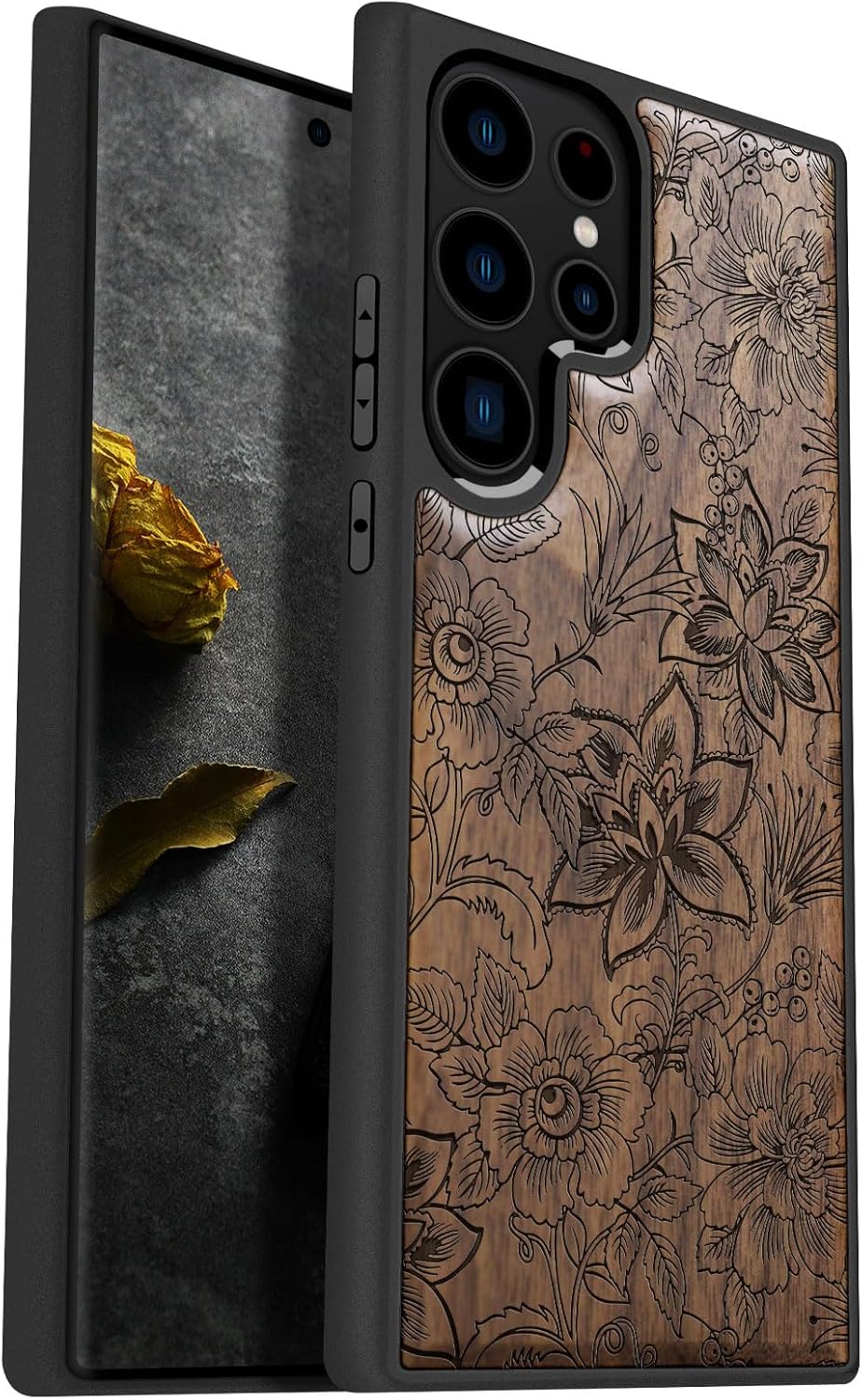 Carveit Wood Case for Galaxy S23 Ultra Case [Natural Wood & Black Soft TPU] Shockproof Protective Cover Unique Wooden Design Compatible with Samsung S23 Ultra (Tiger Amidst Flowers-Walnut)