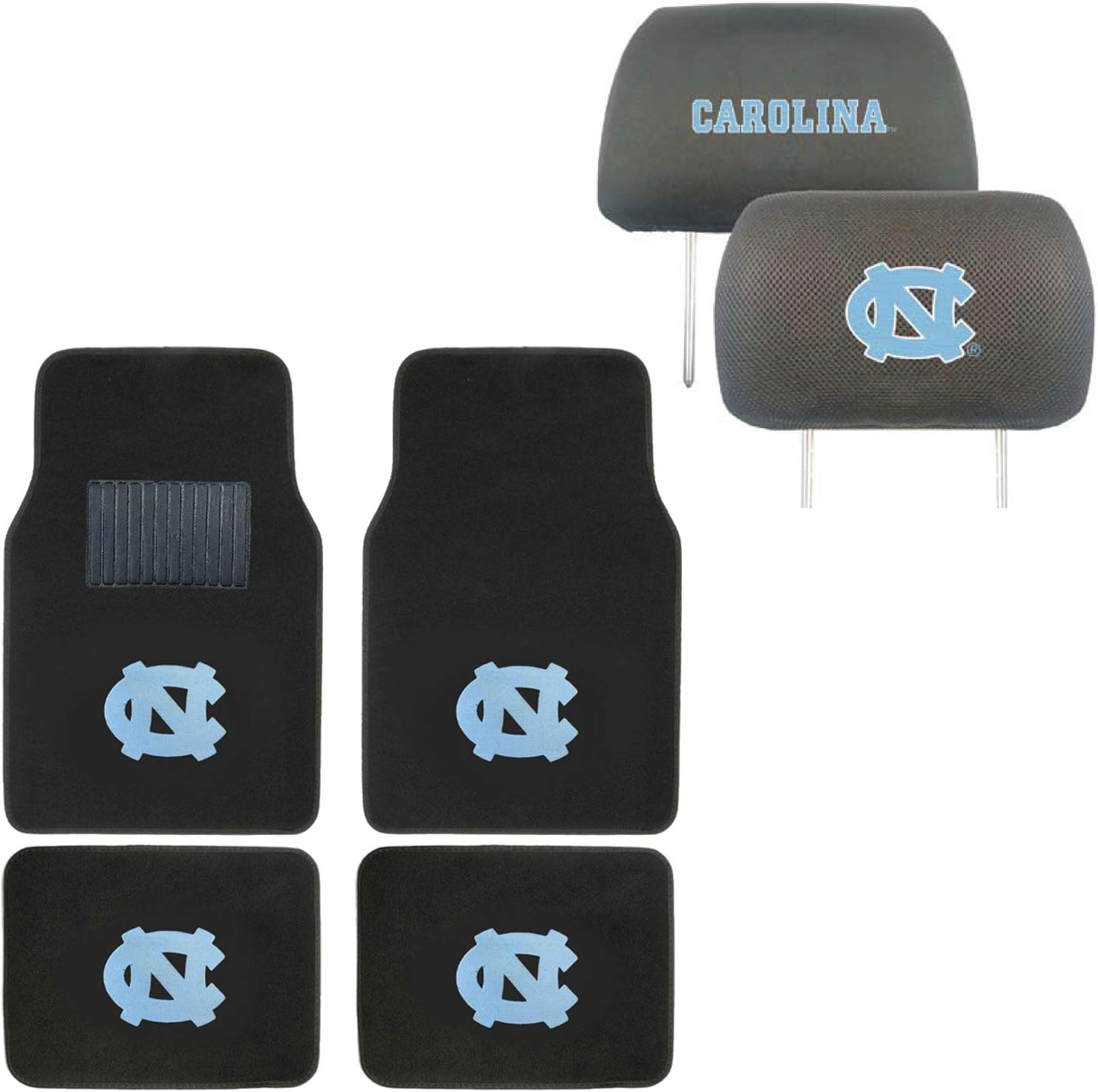 AAC FANMATS NCAA Carpet Floor Mats Bundle with Head Rests for North Carolina Tar Heels Fans Officially Licensed(6 Items)