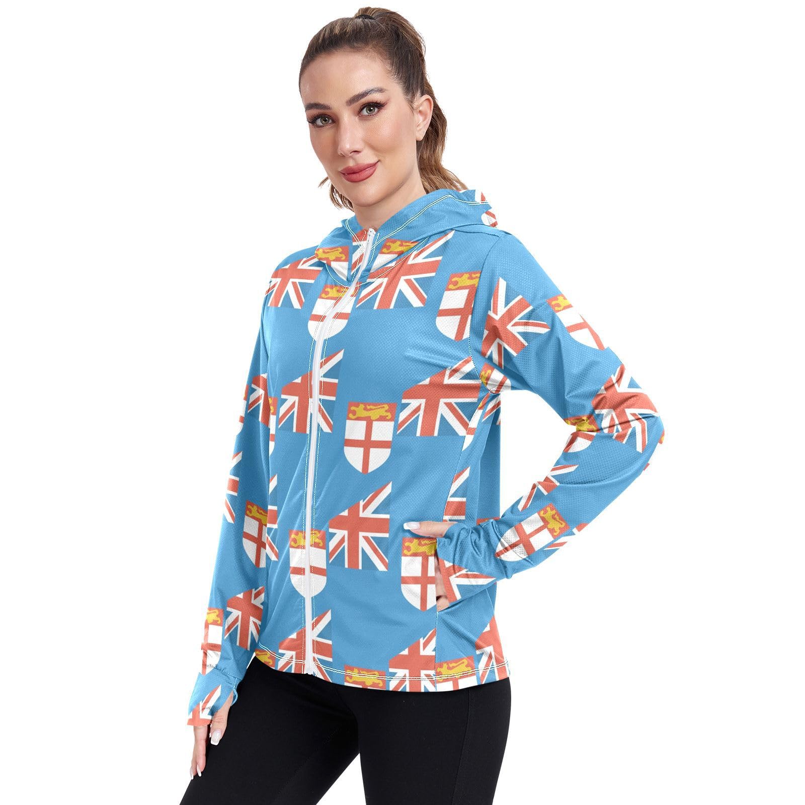Fiji Flag Women's UPF 50+ Sun Protection Hoodie Jacket Lightweight Long Sleeve Sun Shirt with Pocket Multicoloured