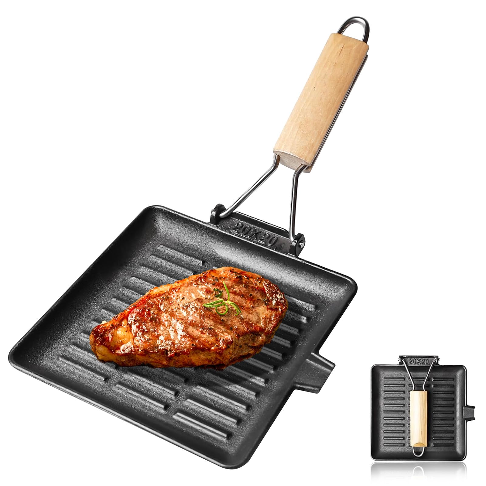 Bistecchiera in ghisa, 20 x 20 cm, a induzione con manico pieghevole in legno, piastra quadrata per tutti i piani cottura, robusta padella per bistecca, verdure e pesce, facile da pulire