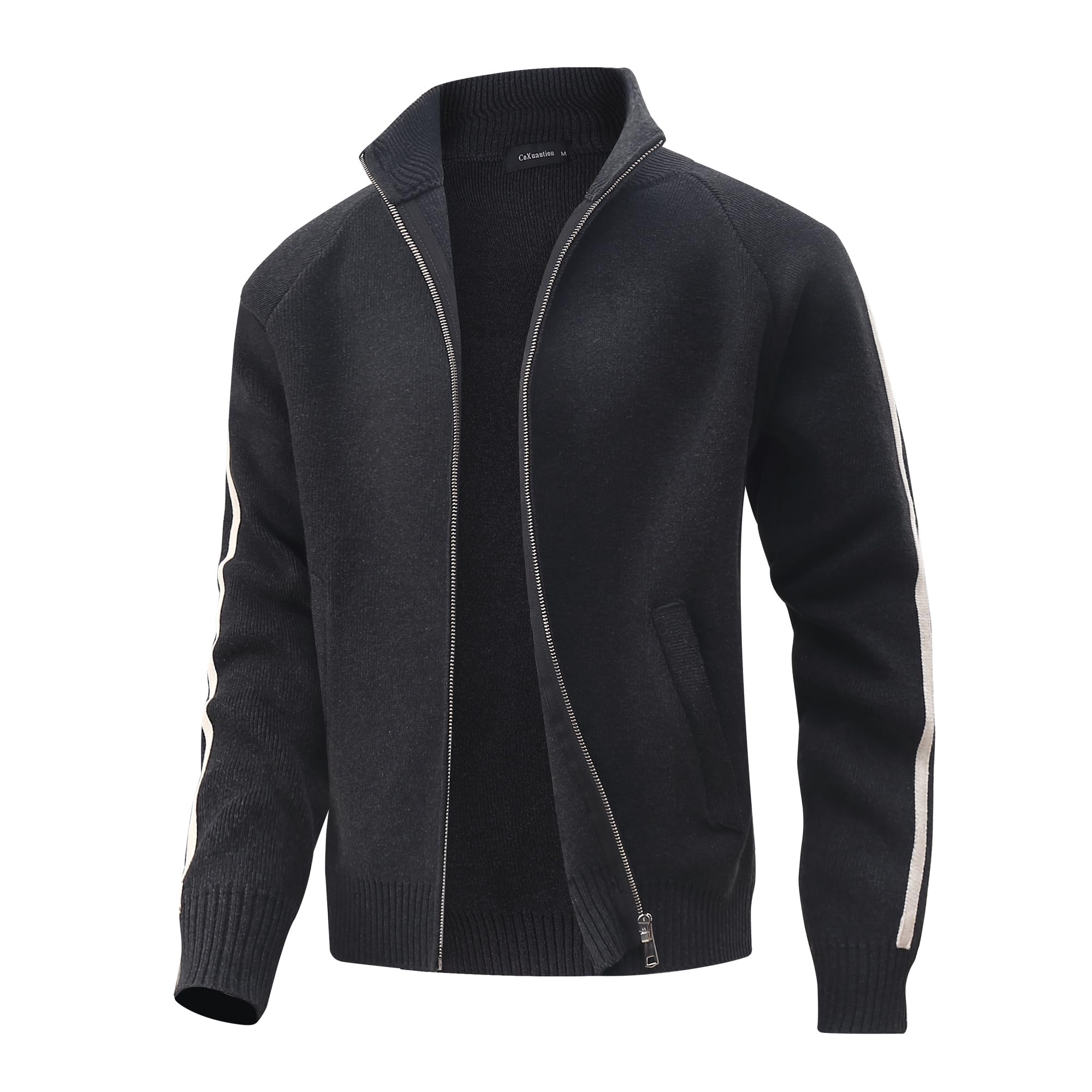 Homme Cardigan Hiver Tricoté Chaud Col Montant Sweater Couleur Unie Pull Manches Longues Décontractée Chandail Zippé Slim Veste avec Poche