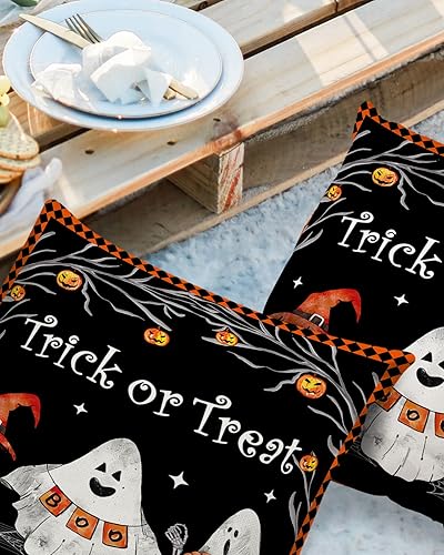 Miniatura 2 de Fundas de almohada impermeables para exteriores, 16 x 16 pulgadas, diseño de fantasma y calabaza, sombrero de bruja, fundas de cojín decorativas