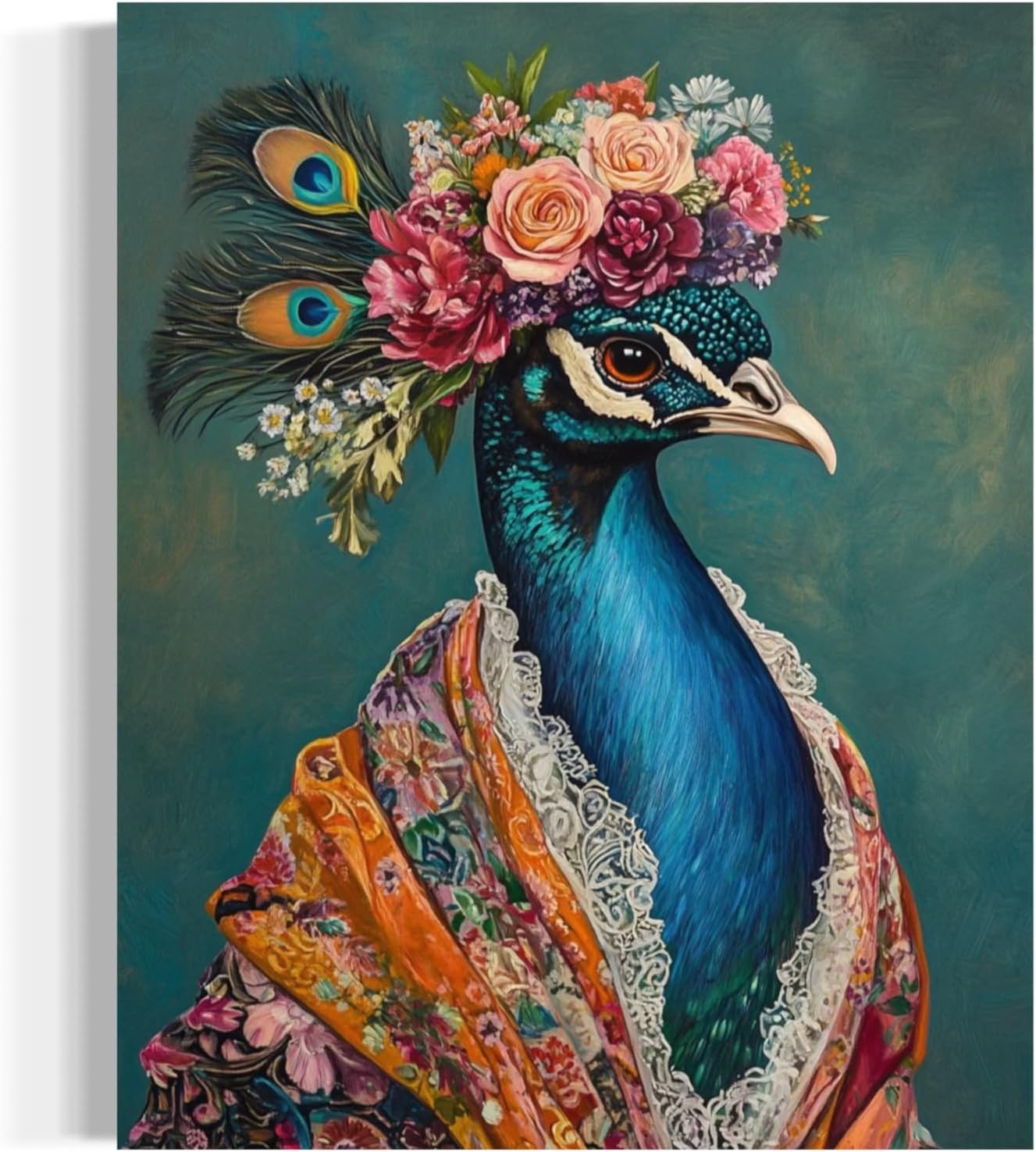 Peacock Flower Head Canvas Wrapped Wall Art Print, Kimono Bathroom Dressing Room Decor Posters Prints for Restroom Home Picture Painting Artwork Gallery 6 (Peacock, 20L" x 16W" CANVAS, Wrapped Canvas)