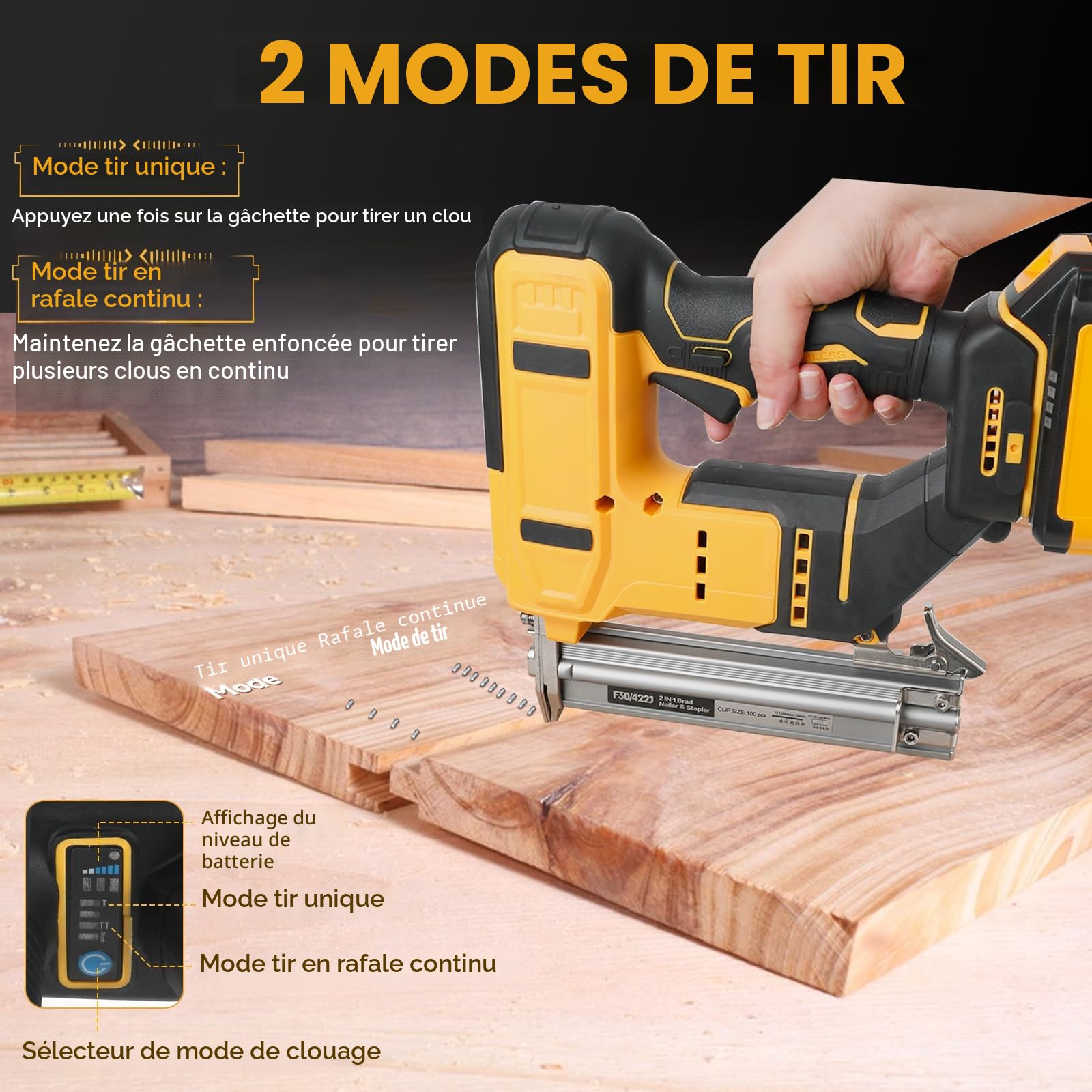 Agrafeuse sans fil 18GA compatible avec batterie Dewalt 20V MAX, agrafeuse à couronne étroite sans balais avec 1000 clous et 1000 agrafes pour le bricolage, le DIY et le travail du bois