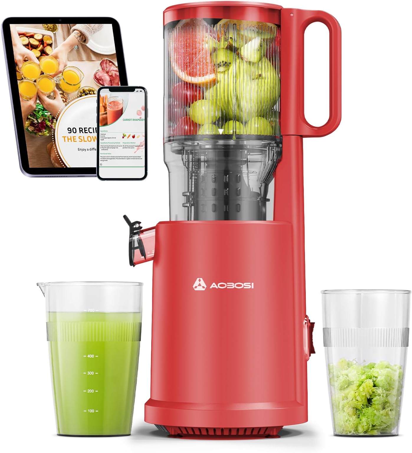 Cold Press Juicer, Aobosi Juicer Machine,Slow Masticating Juicers Machines with Reverse Function, Quiet Motor, High Juice Yield with Juice Jug & Brush for Cleaning (Red)
