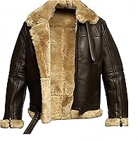 Baimiu Men's B3 Genuine Shearling Sheepskin Leather Bomber Jacket - Warm Winter Aviator Coat with Pockets