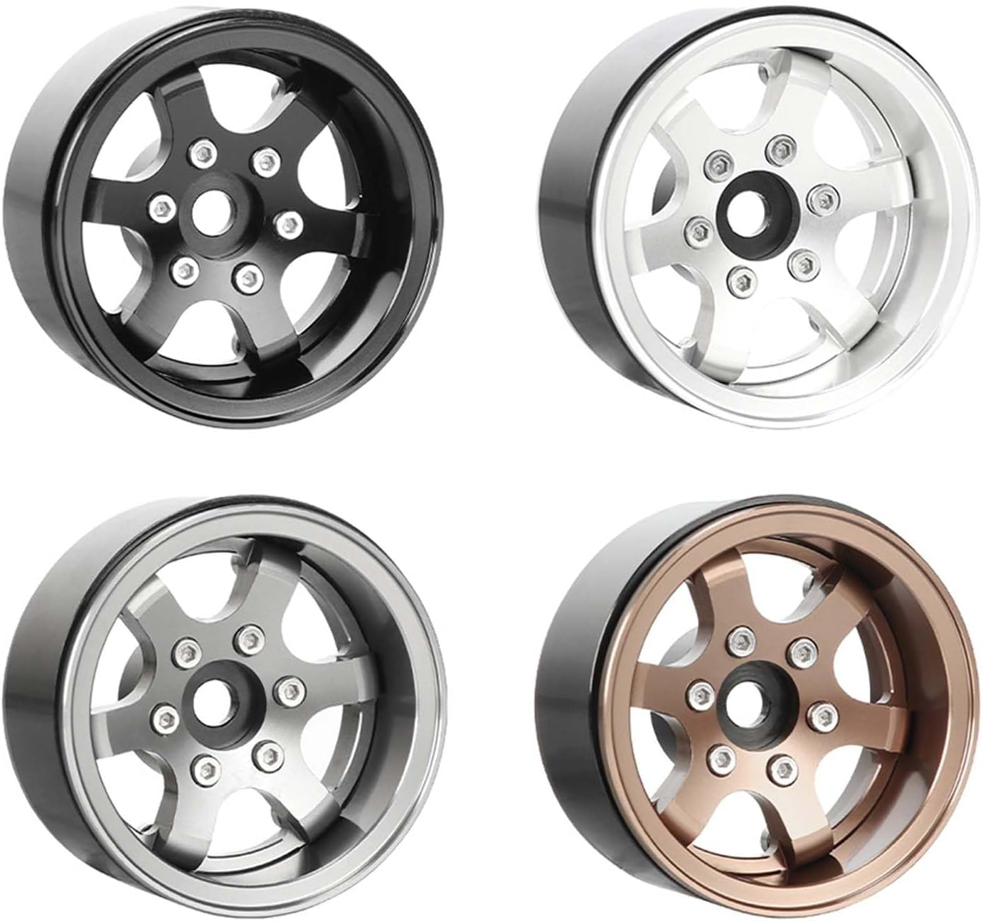 1.55 inch Beadlock Wheels +2.8mm/-4.4mm Adjustable Offset Rims for 1/10 1/12 RC Crawler Car LC70 LC80 JIMNY (6-Spoke, Silver)
