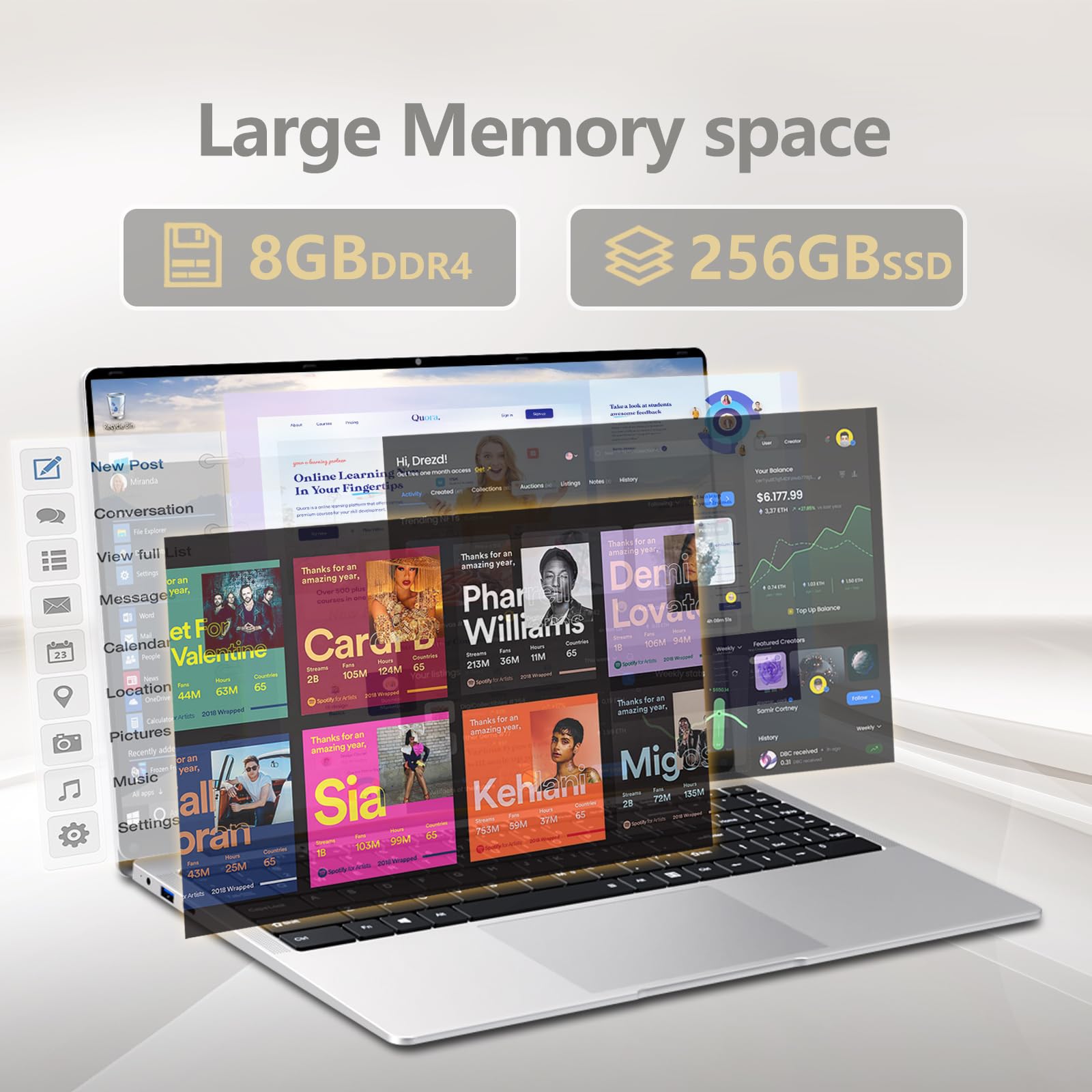 Ordinateur Portable 15,6", Celeron N4000 Portable, PC Portable Ordinateur 1920 * 1080 FHD IPS Laptop 8Go DDR4 RAM 256Go SSD, WiFi5/Mini-HDMI/USB3.0/BT4.2/Webcan, Carte TF Développer to 1To
