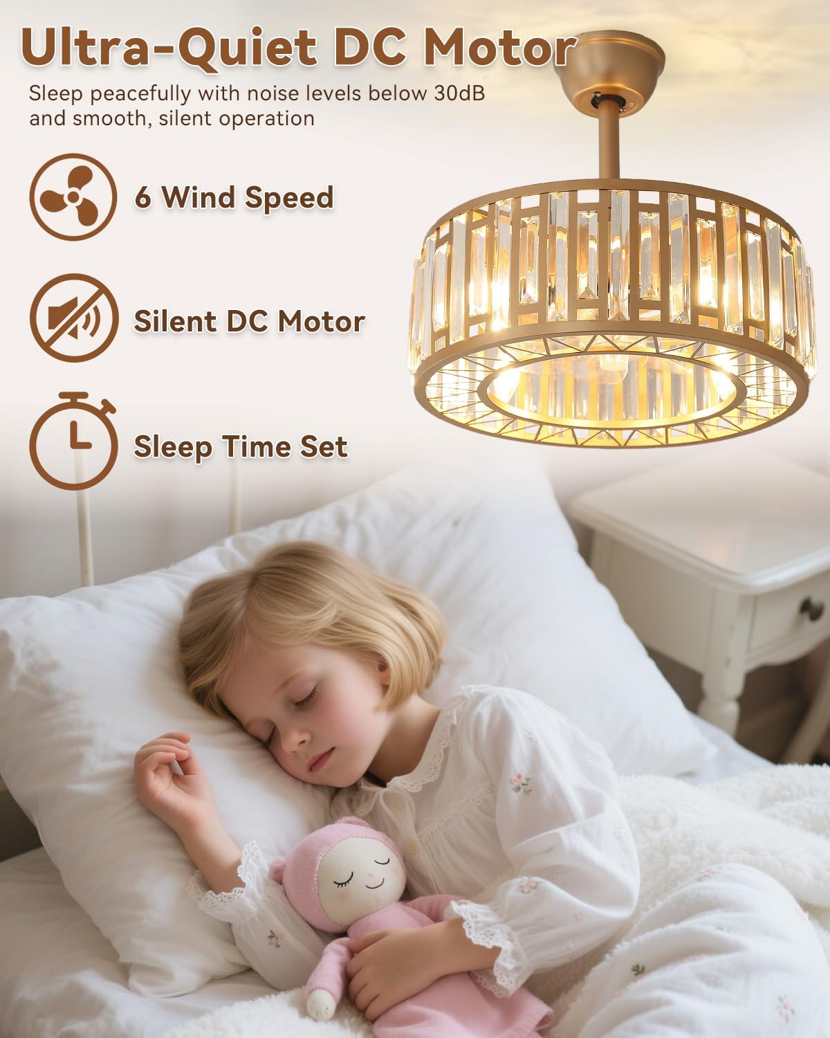 19.1 Inch Gold Fandelier Crystal Ceiling Fan with Light, Caged Chandelier Fan with Remote Control, 6-Speed Reversible Quiet DC Motor, Modern Ceiling Fan for Bedroom Girls Room Kitchen