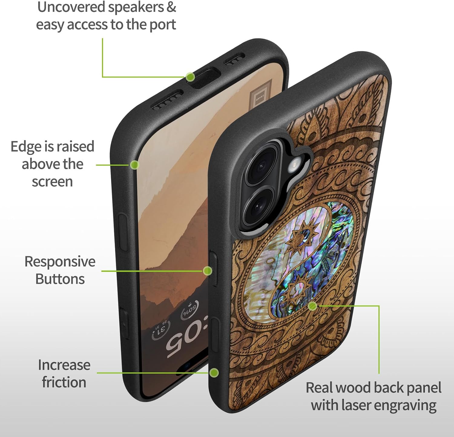 Carveit Magnetic Wooden Case for iPhone 16 Case, Wood Artisan Engraved & Handmade Shell Inlaid, TPU Shockproof Cover, Compatible with MagSafe Wireless Chargers (Yin Yang Paisley) Walnut