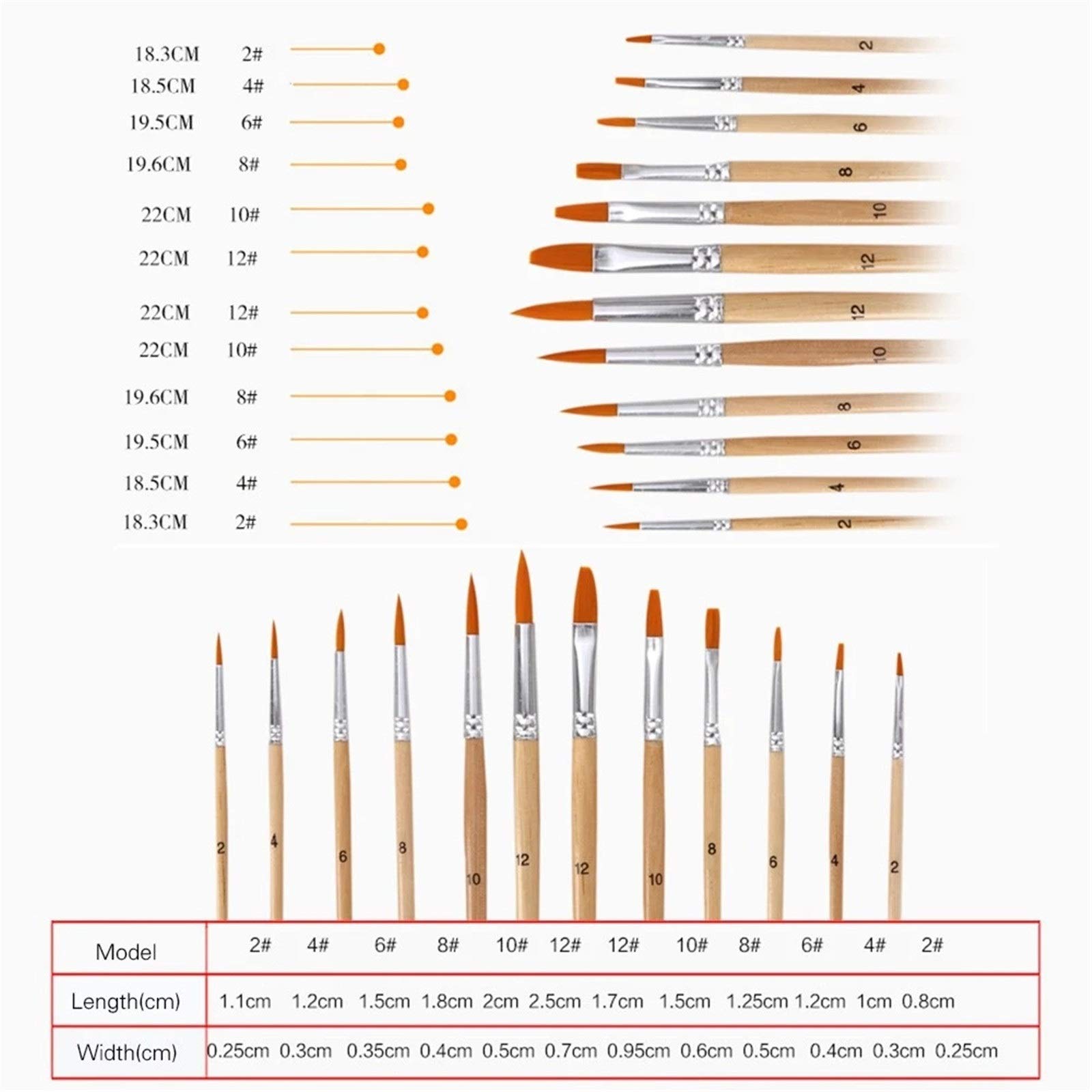 Juego de 12 pinceles de pintura con puntas planas y redondas puntiagudas, pelo de nailon, mango de madera, pincel de dibujo profesional para estudiantes, acrílicos I, color negro, talla única