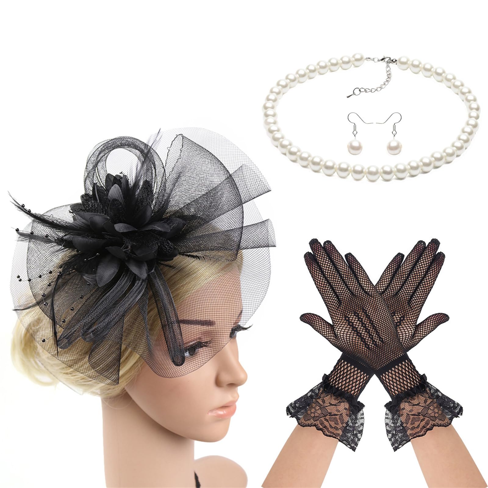 MICFENY French Hat with Neckwear Gloves Earrings 4in1 Set For Horse Racing Event and Halloween Party Dressingup Headpiece