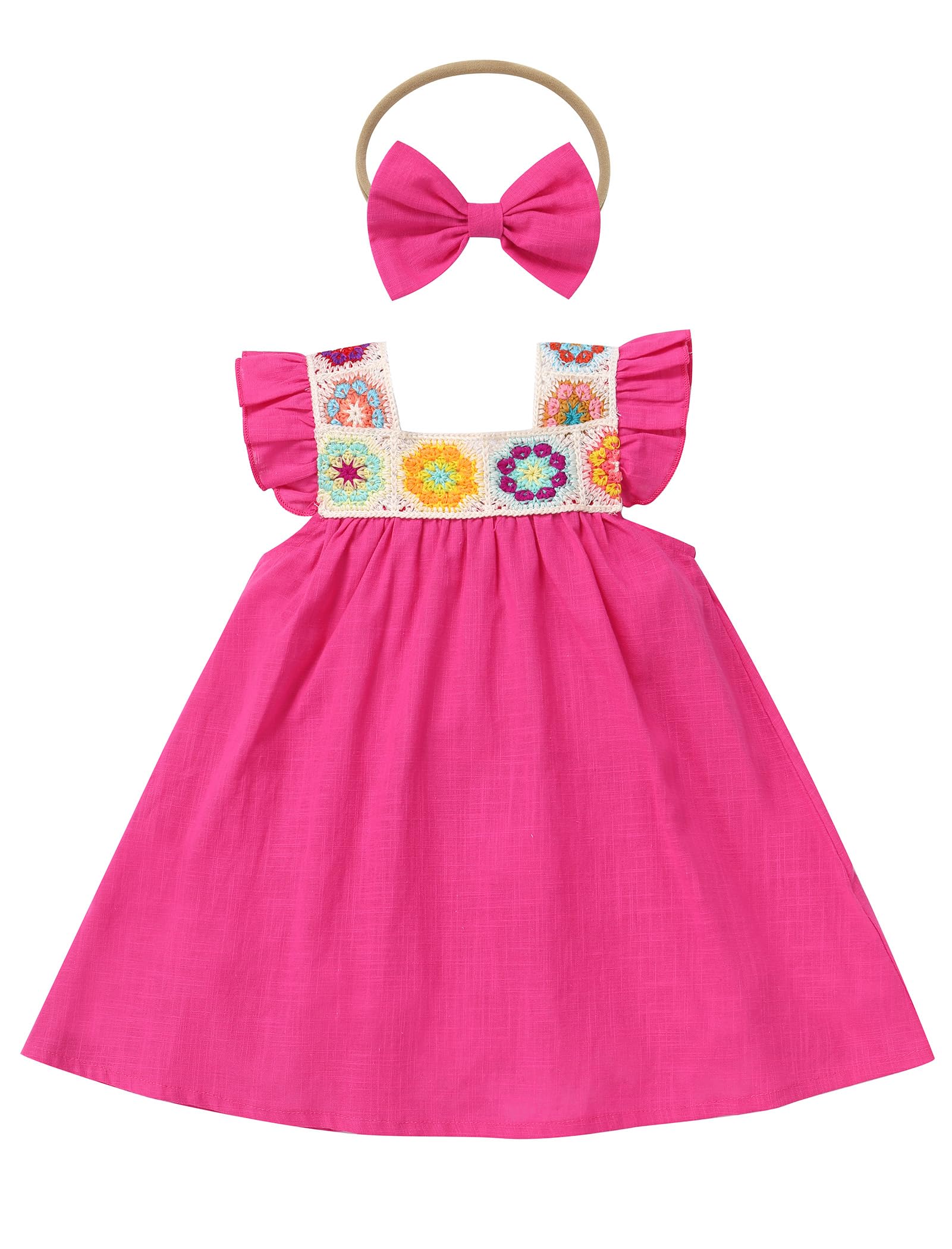 AWIBMK Baby Girls Mexican Flower Embroidered Dress Flutter Sleeve Summer Boho Floral Cinco de Mayo Dresses Outfits Hot Pink 6-9 Months