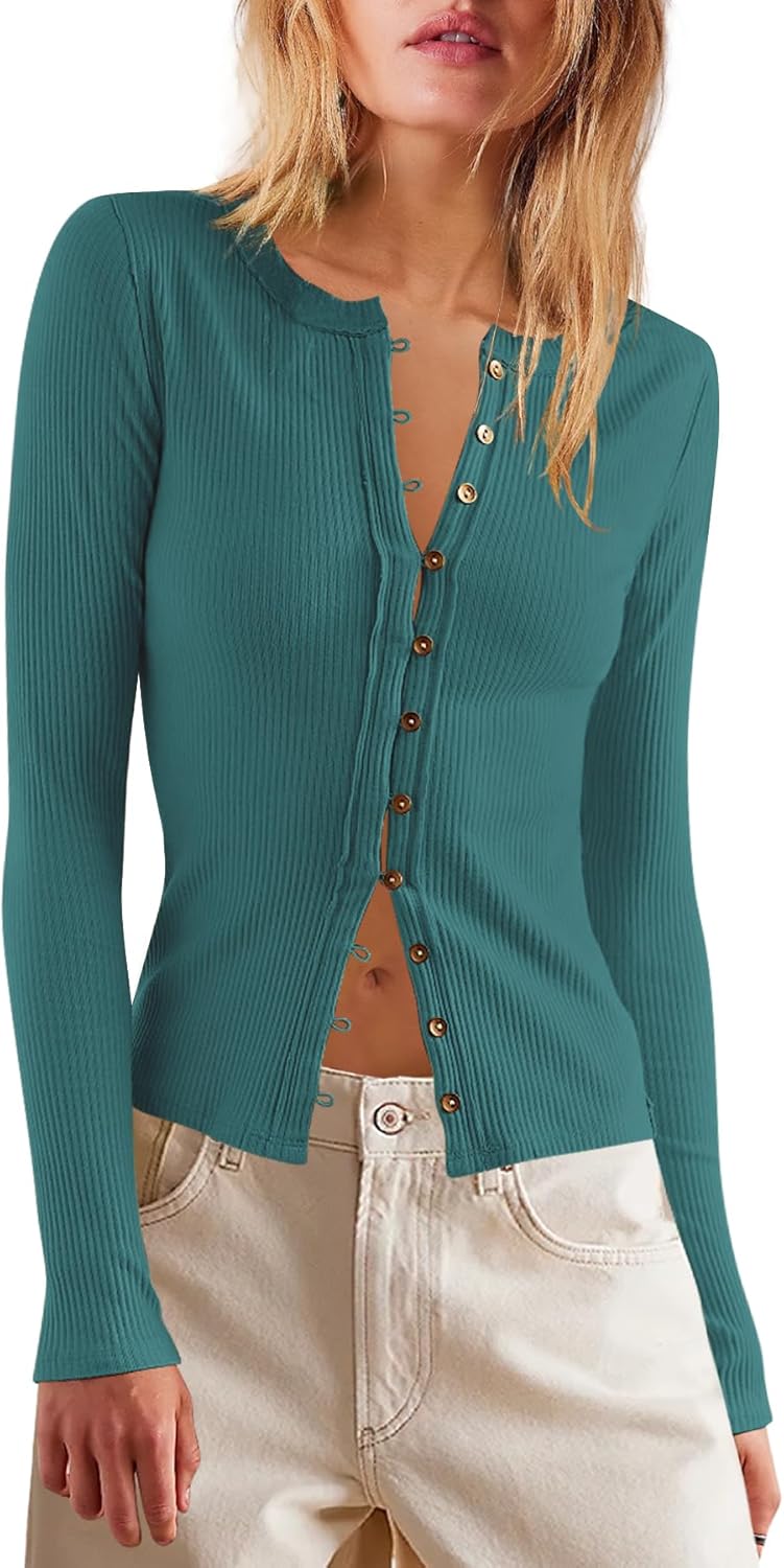 LAMISSCHE Womens Ribbed Cardigan Long Sleeve Button Down Shirts Lightweight Stretchy Pullover Tunic Tops - Image 2