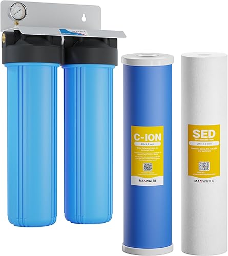 Max Water Sistema de filtración de ablandamiento de agua de 2 etapas de 20 x 4.5 pulgadas, puertos NPT de 1 pulgada con sedimento de polipropileno