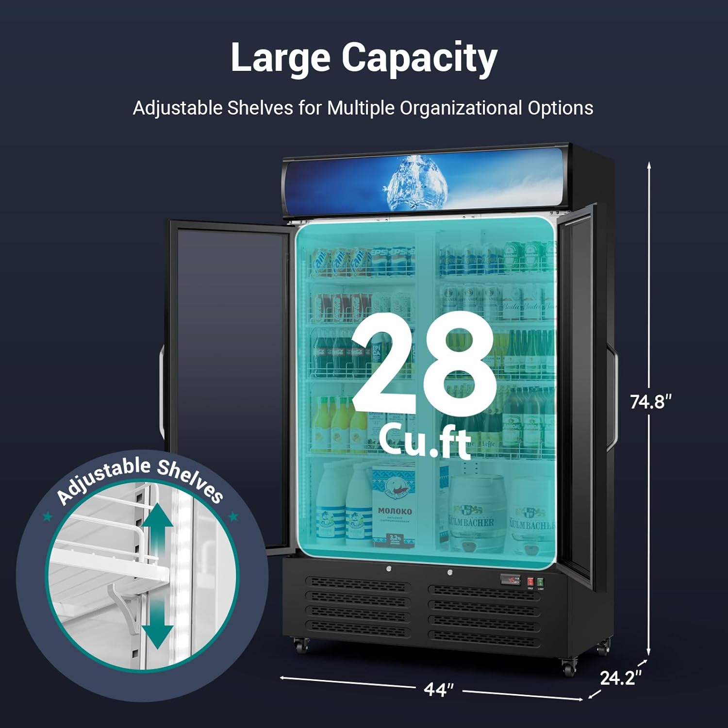 ETL & DOE Certified Commercial Beverage Refrigerator, Commercial Display Fridge with Glass Door, Upright Merchandiser Refrigerator Cooler with Front LED Light for Stores, Restaurant, Office