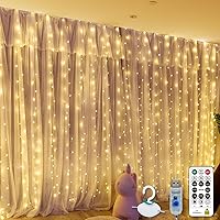 SINAMER 300 LED Warm White Fairy Curtain Lights 9.8x9.8ft USB Remote 8 Modes Hooks Bedroom Wedding Decor
