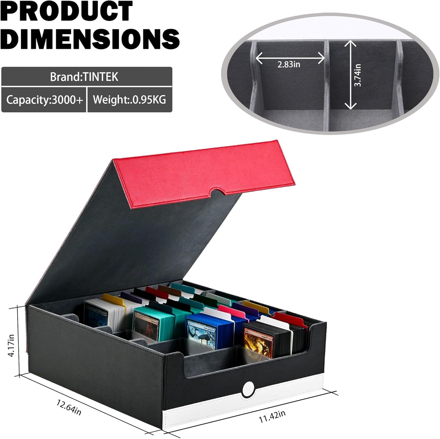 Trading Card Storage Box – 4-Row Organizer Holds 3000+ Sleeves, Includes 4 Stoppers & 24 Dividers, Magnetic Lid, Compatible with TCG/MTG/YGO – Red & White