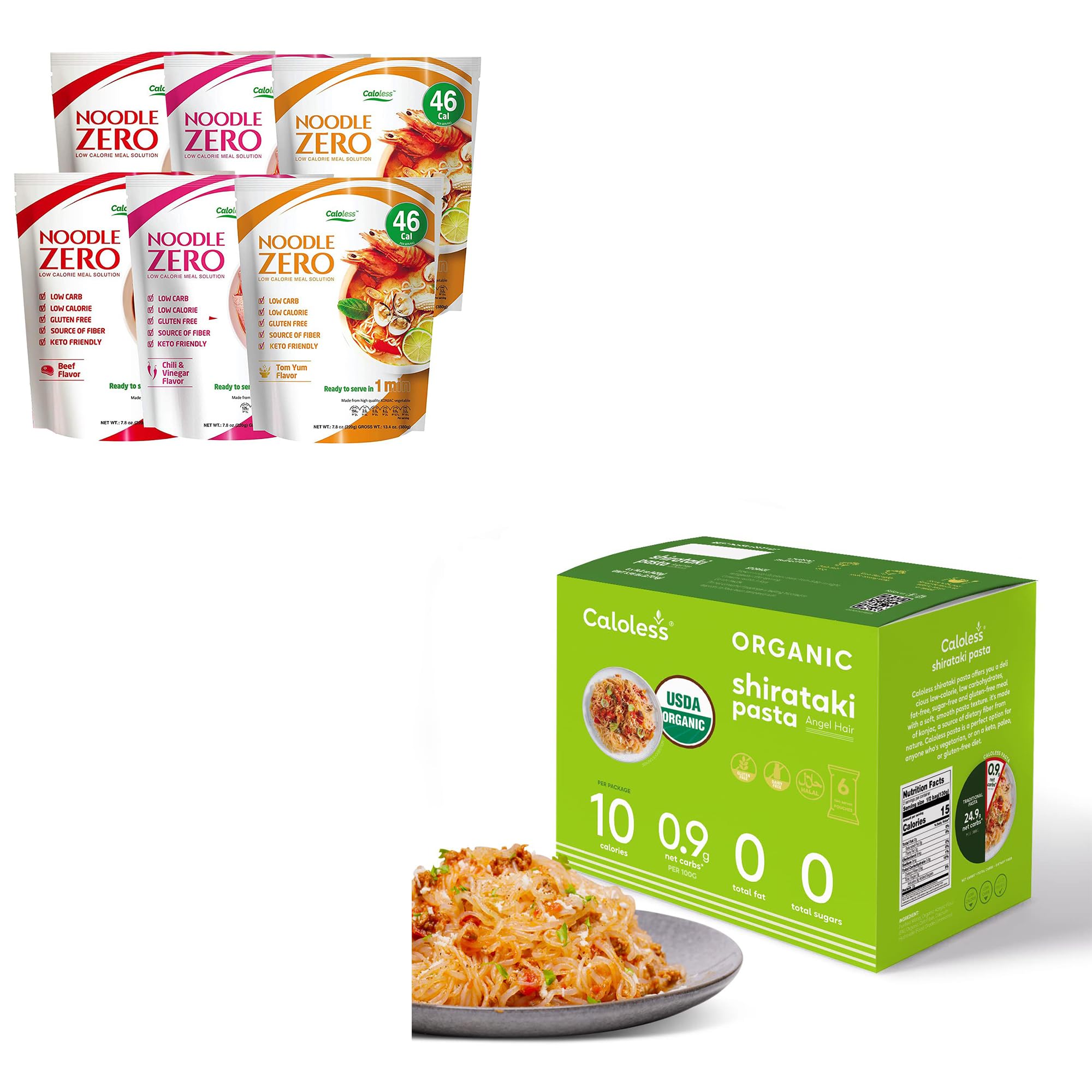 CalolessKonjac Shirataki Noodles 6-Pack Low Calorie Healthy Food (Beef/Tom Yum/chilli) + Caloless Konjac Shirataki Noodles 6-Pack Keto Snacks Angel Hair