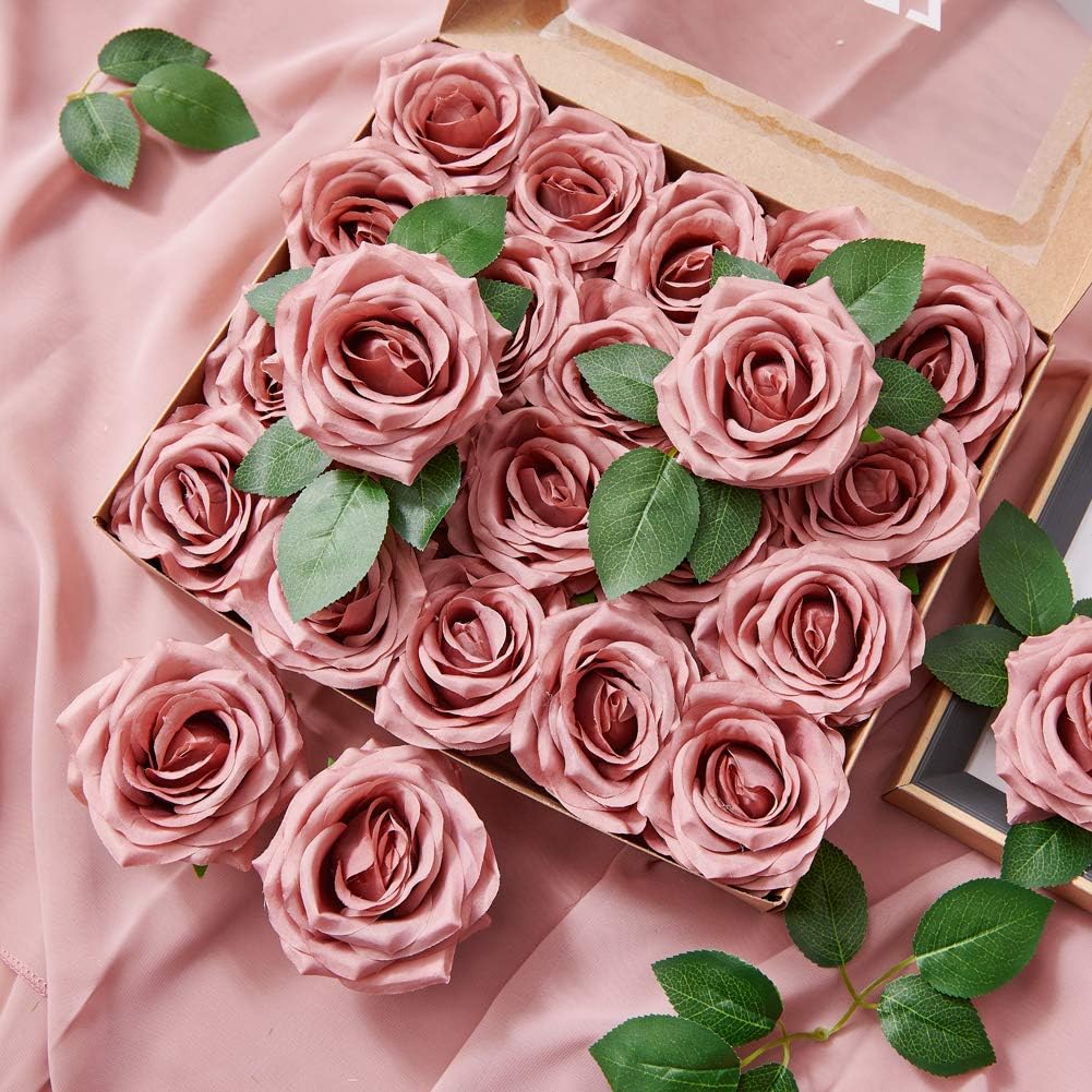 YUZZ Fake Roses Dusty Rose Artificial Roses Flowers Silk Roses Heads with Stems 25pcs Realistic Silk Roses for Wedding Centerpieces Bridal Show Bouquets Party Home DIY Flowers Decoration - Image 7
