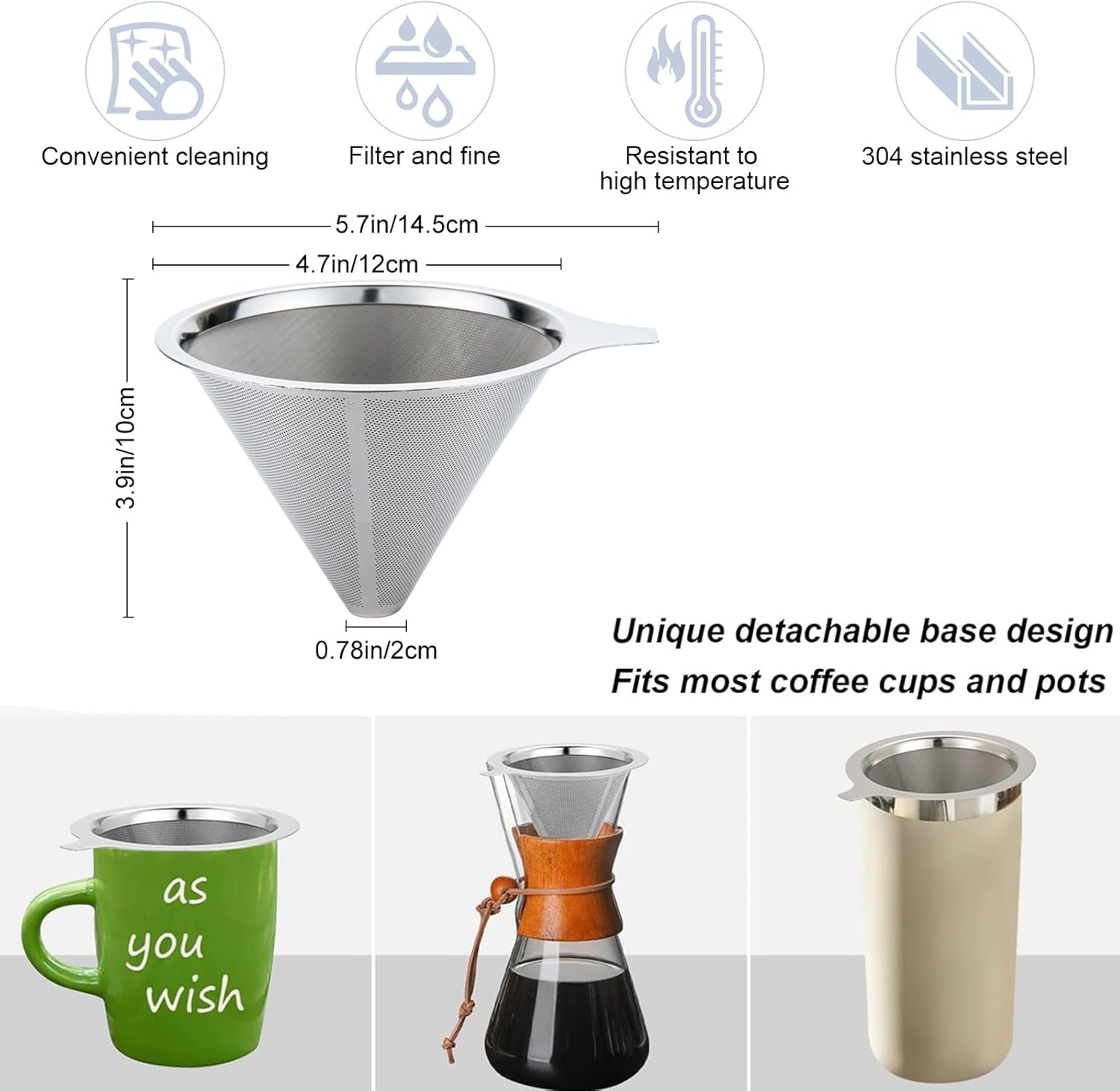 Pour Over Coffee Maker,Coffee Filter,Slow Drip Paperless Stainless Steel Cone Coffee Dripper(2-3 Cup) image 3