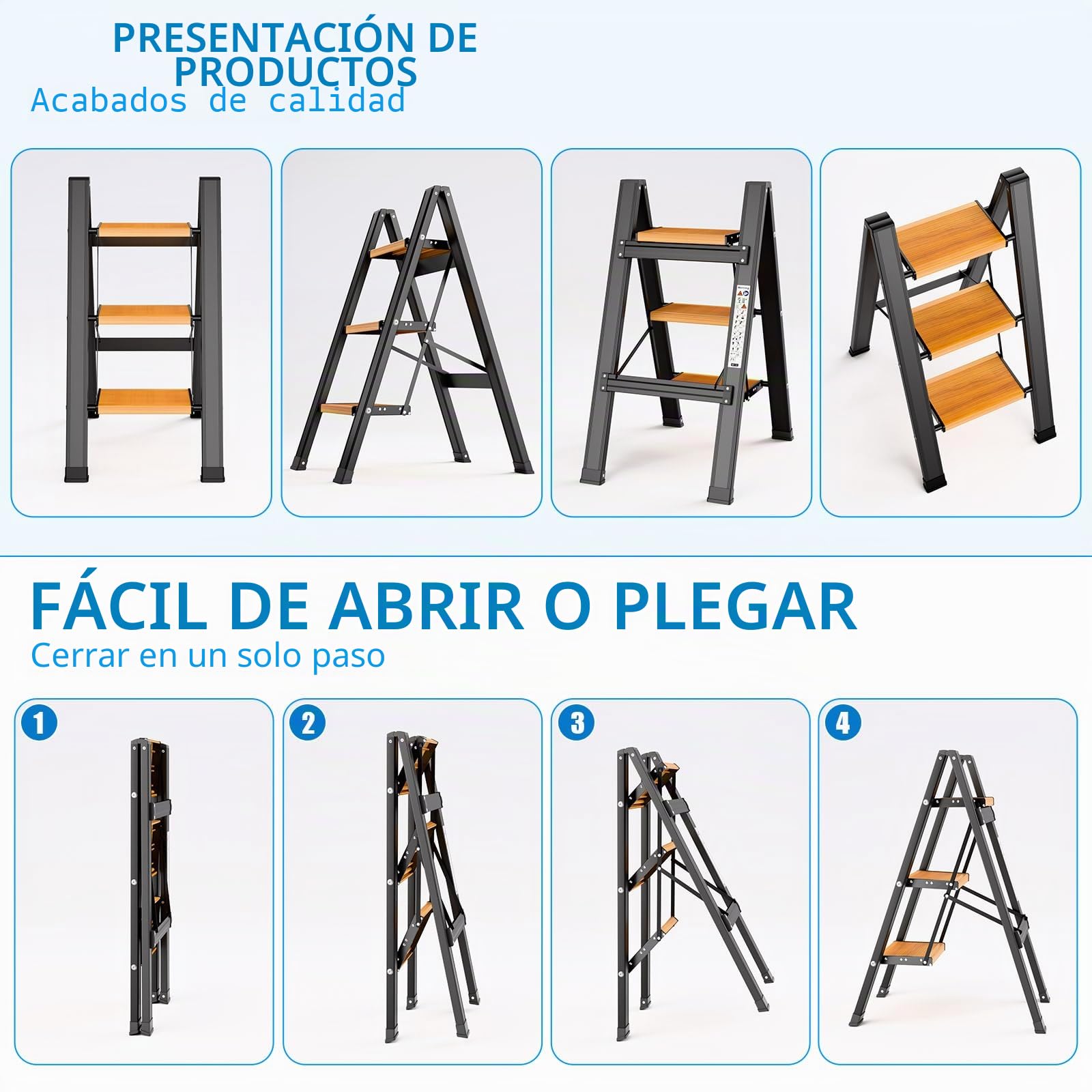 KULACO Escalera de Tijera Plegable de 3 peldaños, Escalera Plegable de Aluminio, Escalera Antideslizante para el hogar, Escalera de Tijera Ligera hasta 150 kg para el hogar, la Oficina, el Garaje