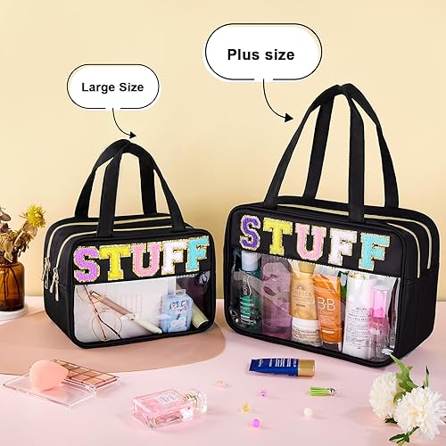 Miniatura 2 de Bolsa de maquillaje transparente con letras de chenilla, bolsa de cosméticos de preparación con cremallera, bolsa de cosas impermeable para