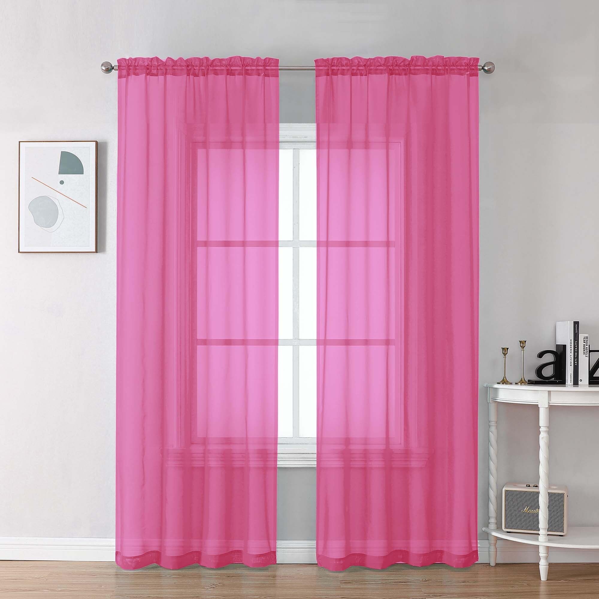 Chyhomenyc Sheer Hot Pink Curtains 90 inches Long 2 Panels, Light Filtering Soft Airy Solid Elegant Voile Window Treatment Drapes for Bedroom Living Room, 42Wx90L Inches