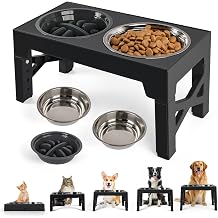 PAWISE Elevated Dog Bowls, 5 Height Adjustable Raised Dog Bowl Stand with 1 Slow Feeder Bowl & 2 Stainless Steel Bowls, Non-Slip Dog Feeding Station for Large, Medium, Small Dogs and Cats, Black