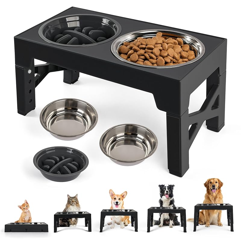 Comedouro elevado ajustável para cães e gatos PAWISE com tigela slow feeder e 2 tigelas de aço inoxidável, Preto