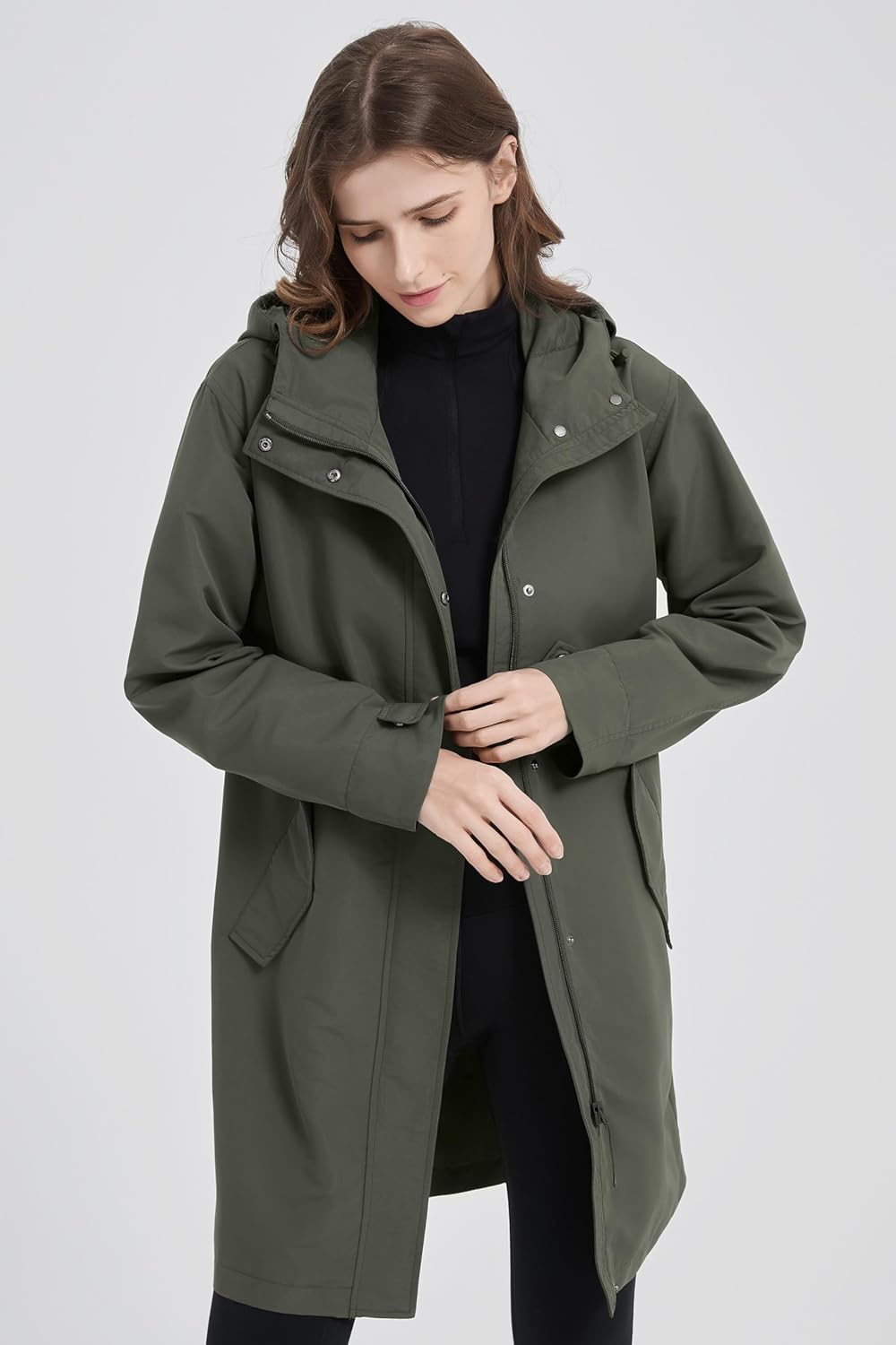 Orolay Women's Lightweight Rain Jacket Hooded Long Raincoats Softshell Travel Water-repellent Outdoor Windbreaker