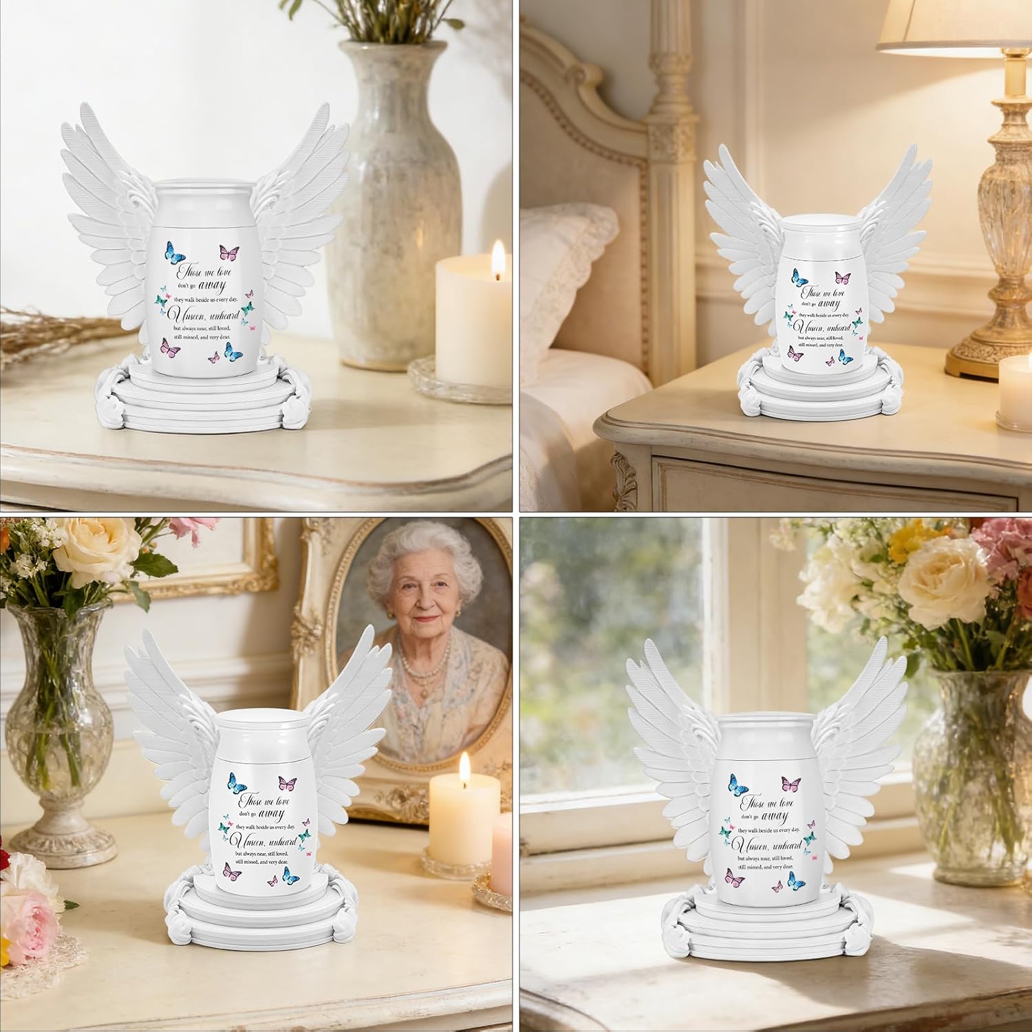 Abooxiu Small Urns for Human Ashes 2.76 Inches Mini Urn Aluminium Small Keepsake Urns with Angel Wings, Memorial Cremation Urn with 5D Printed Wing Frame, Sympathy Remembrance Urn for Loved One, White
