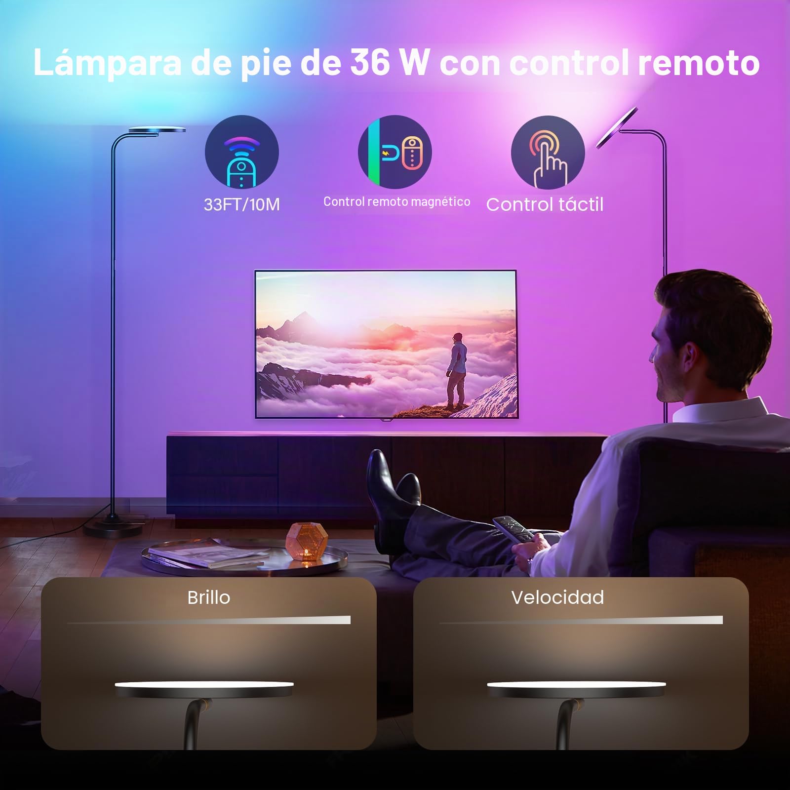 SIBRILLE 36W Lampara de Pie Salón RGB, Superbrillante Lámpara de Pie LED Regulable con Mando a Distancia, 3000K-6000K Lámpara de Lectura para Salón Dormitorio Oficina