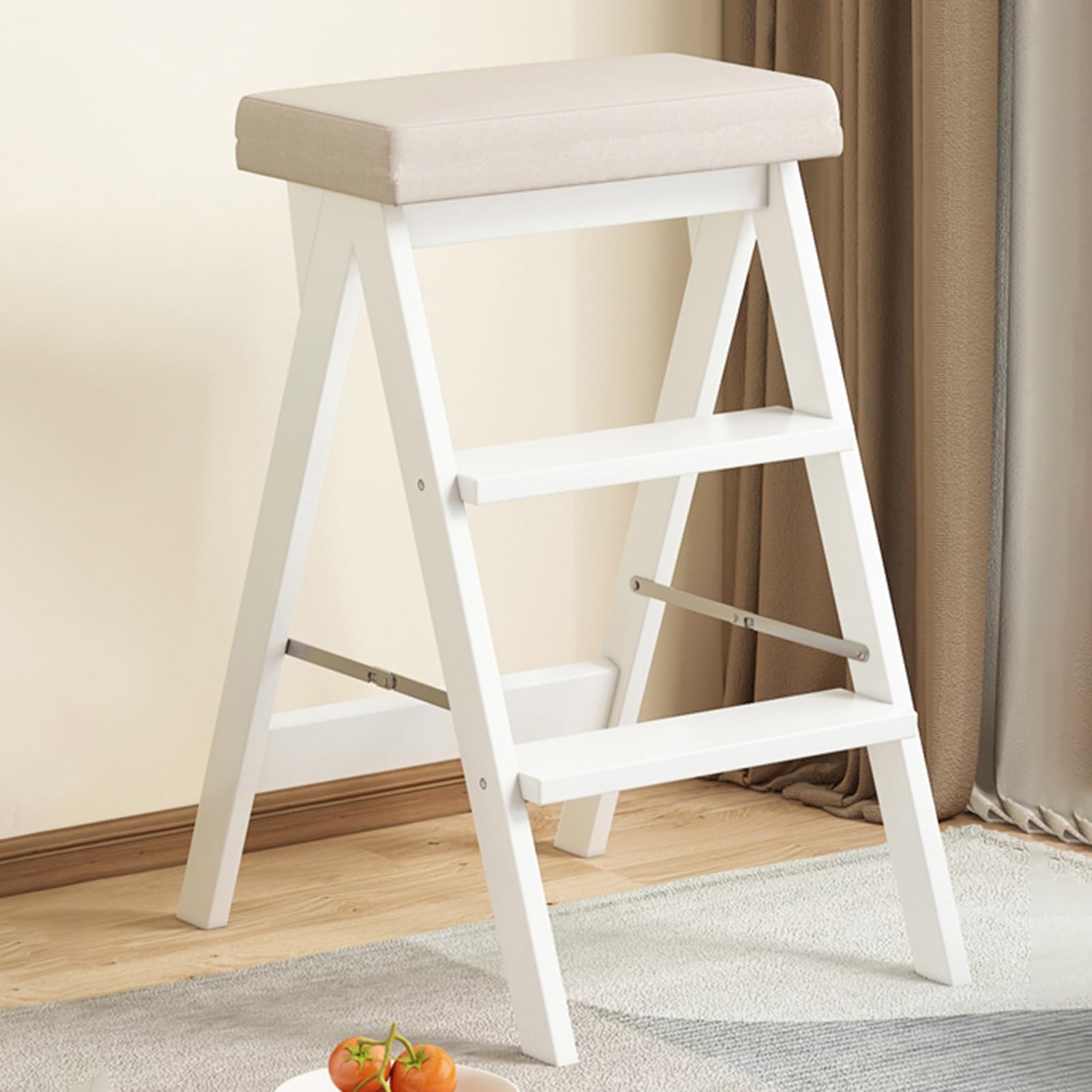 GWBoiuyQETM Wooden Folding Library Ladder Chair, Convertible Folding Chair Step Stool Display Stand, Protable 4-Step Library Ladder for Adults Office Home Kitchen Outdoor (Color : White+gray)