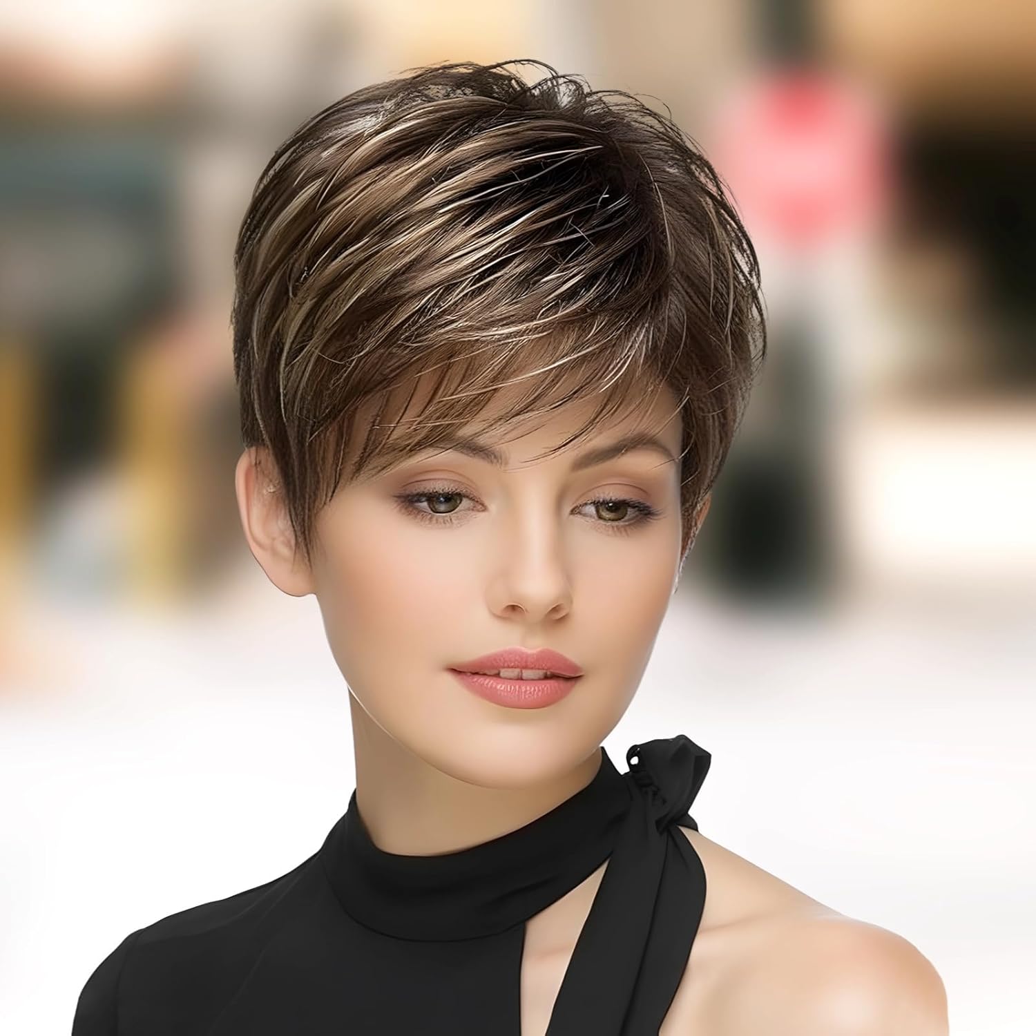 Pixie Cut Wig For Women, Heat-Resistant Brown And Blonde Synthetic Hair, Adjustable, Comfortable Fit
