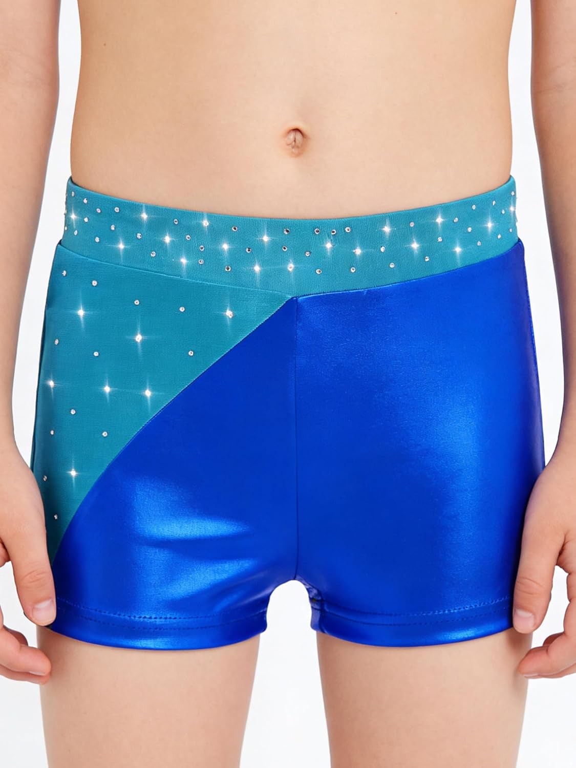 Kids Girls Metallic Color Block Jazz Hip Hop Dance Shorts Rhinestones Gymnastics Yoga Skating Bottoms