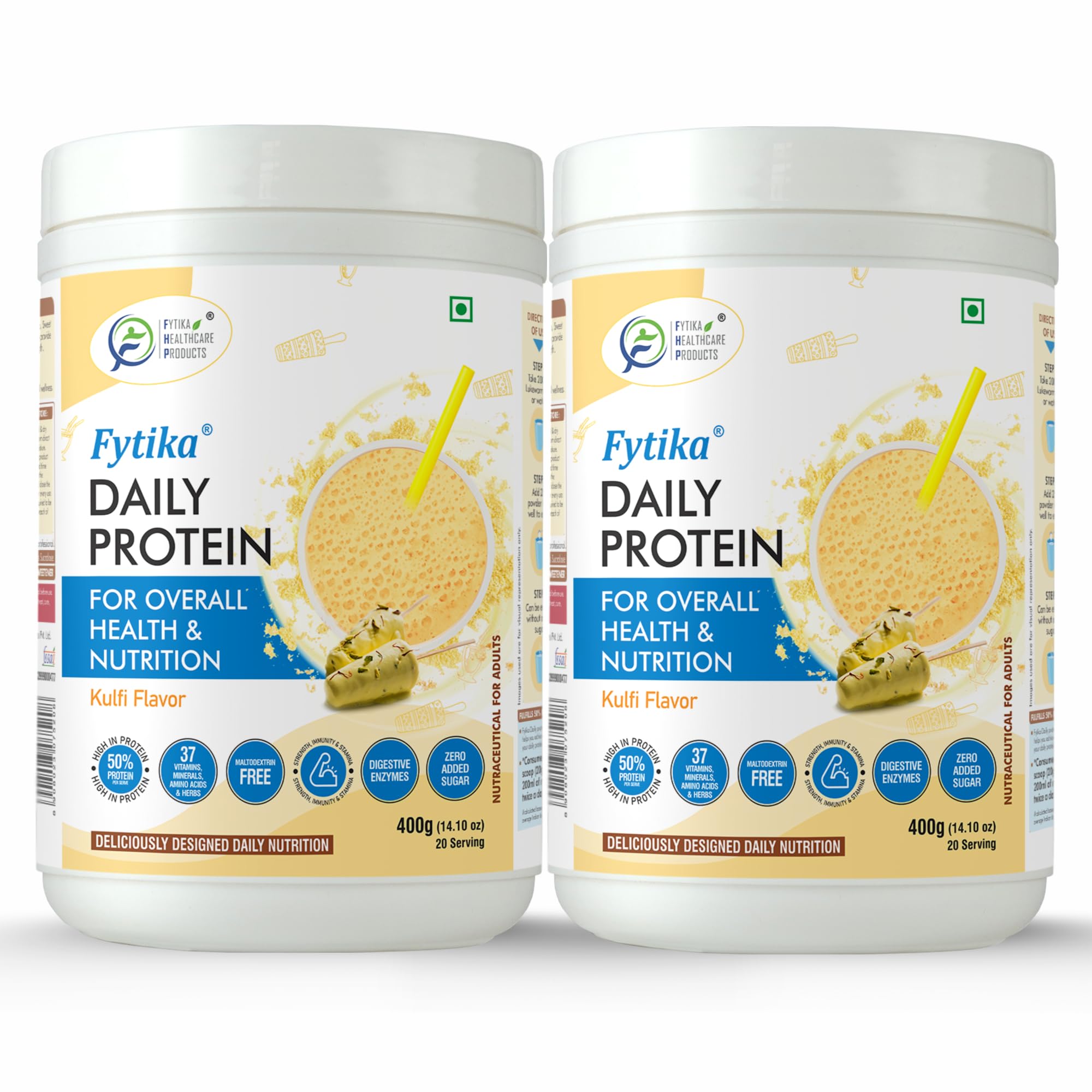 Fytika Daily Protein - 400g Each (Kulfi, Pack of 2) | Protein Powder for Adults with 37 Essential Vitamins & Minerals, | 50% Protein Per Serve | High Protein Drink for Women & Men