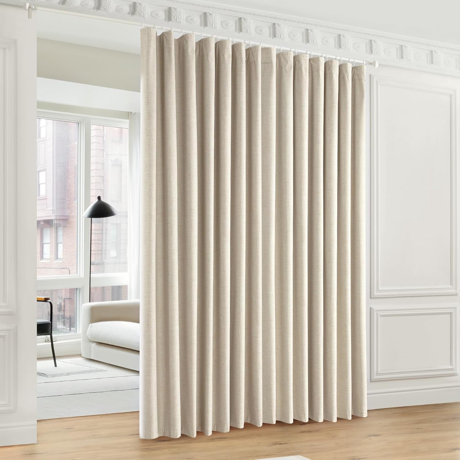 100% blackout curtains 108 inch length 2 panel set, 100 inch wide heavy duty flax linen soundproof curtains for sliding door, w100 x l108 inch-natural 100"w x 108"l (pack of 2) natural--3 in 1